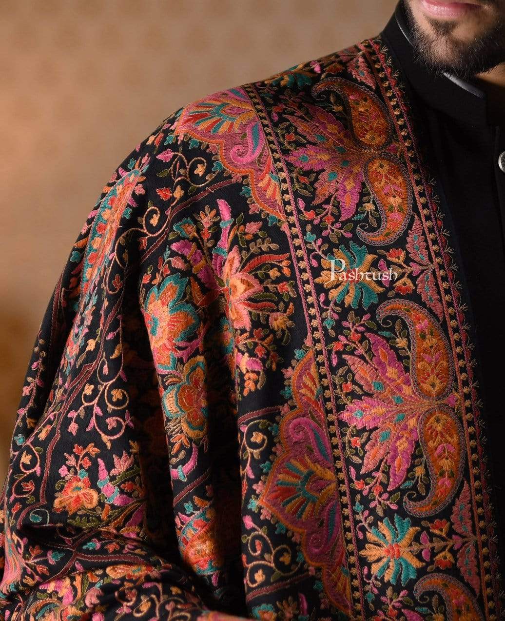Pashtush India 100x200 Pashtush Mens Embroidered Jamawar Stole, Fine Wool, Soft and Warm