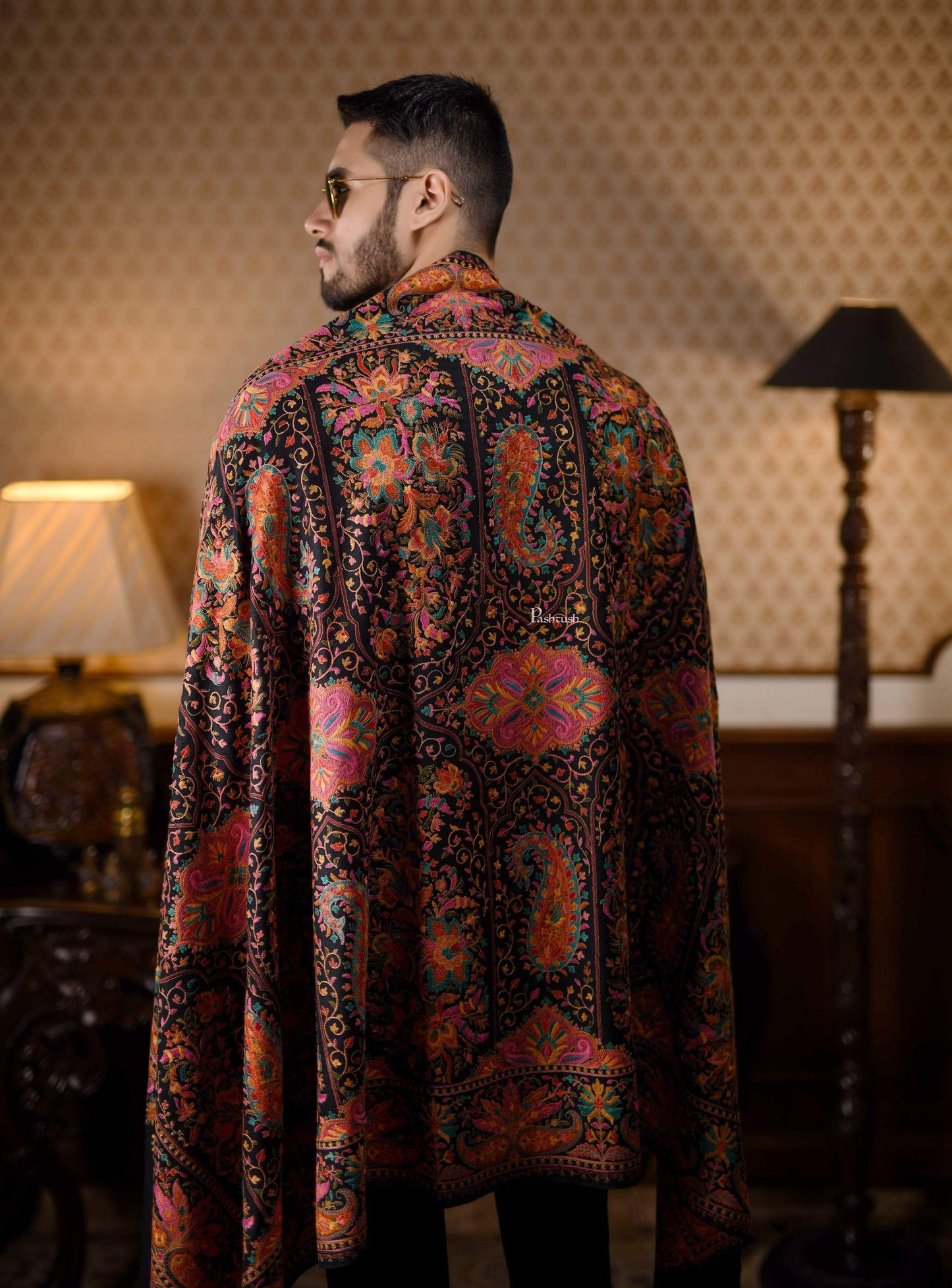 Pashtush India 100x200 Pashtush Mens Embroidered Jamawar Stole, Fine Wool, Soft and Warm