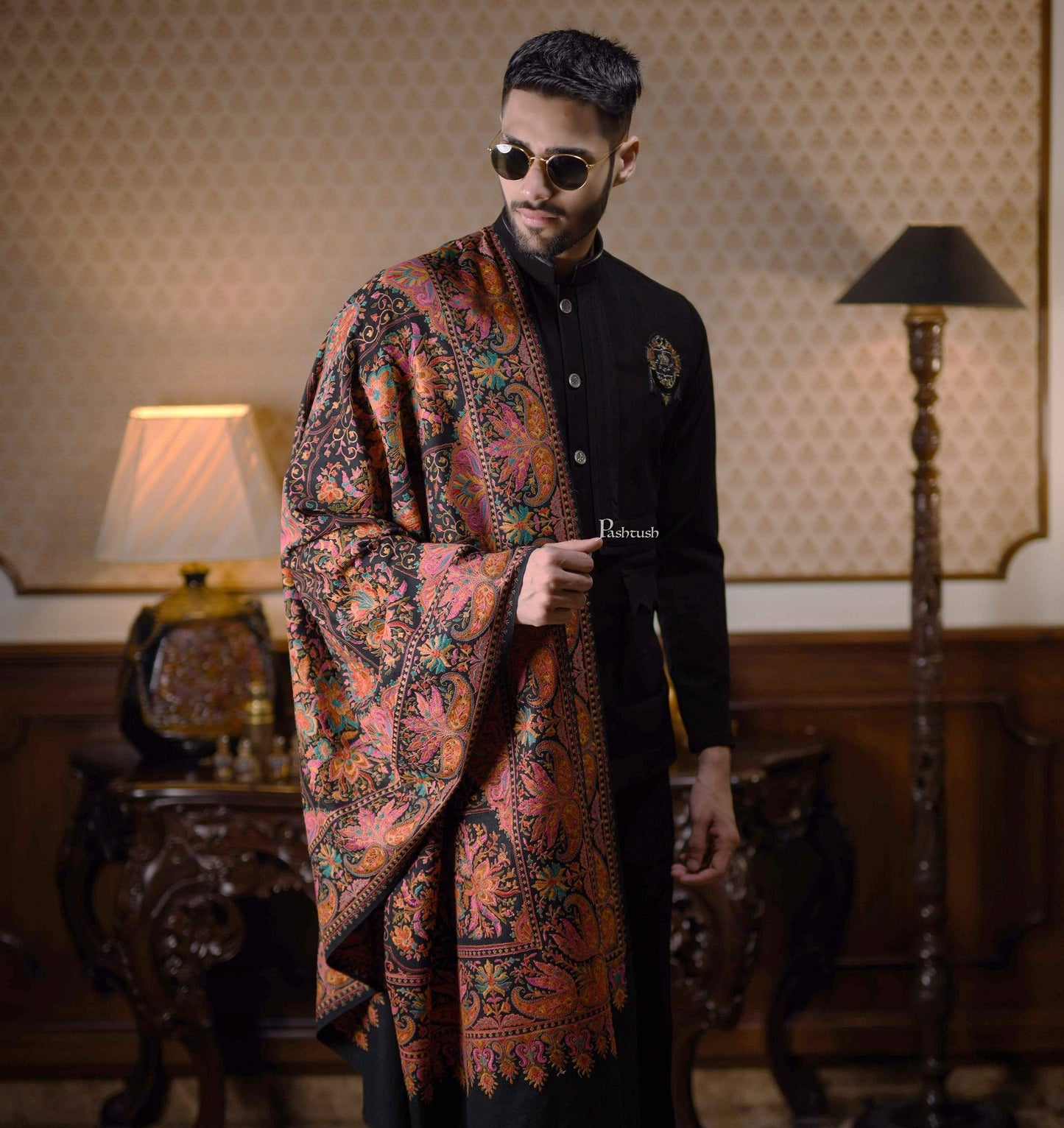 Pashtush India 100x200 Pashtush Mens Embroidered Jamawar Stole, Fine Wool, Soft and Warm