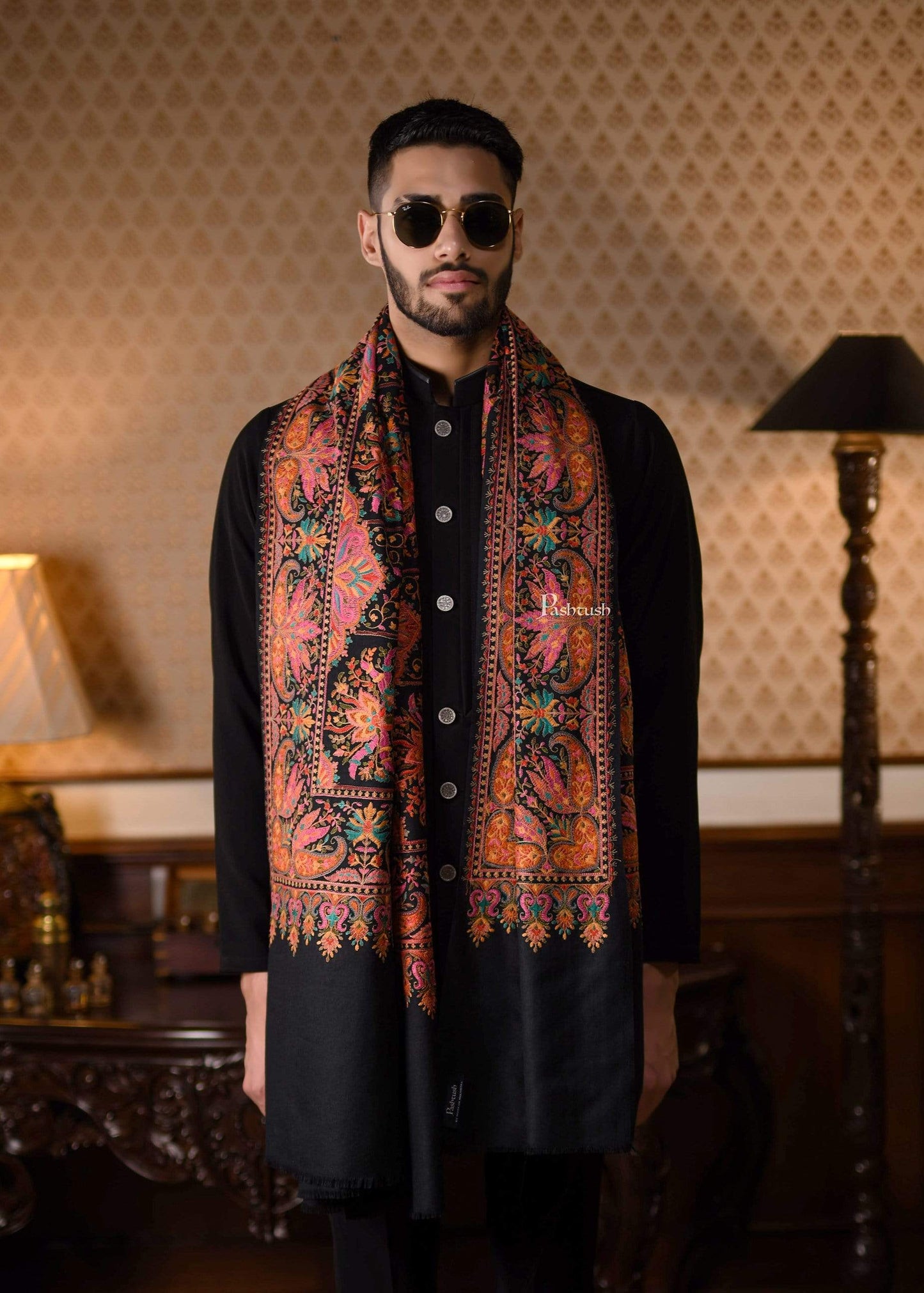 Pashtush India 100x200 Pashtush Mens Embroidered Jamawar Stole, Fine Wool, Soft and Warm