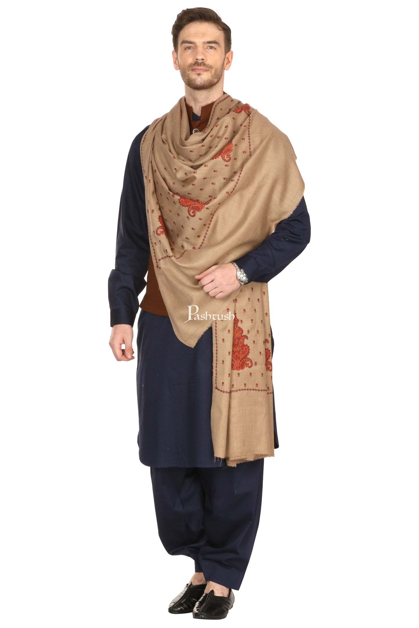 Pashtush India Mens Shawls Gents Shawl Pashtush Mens Embroidered Shawl In Extra Fine Wool Shawl