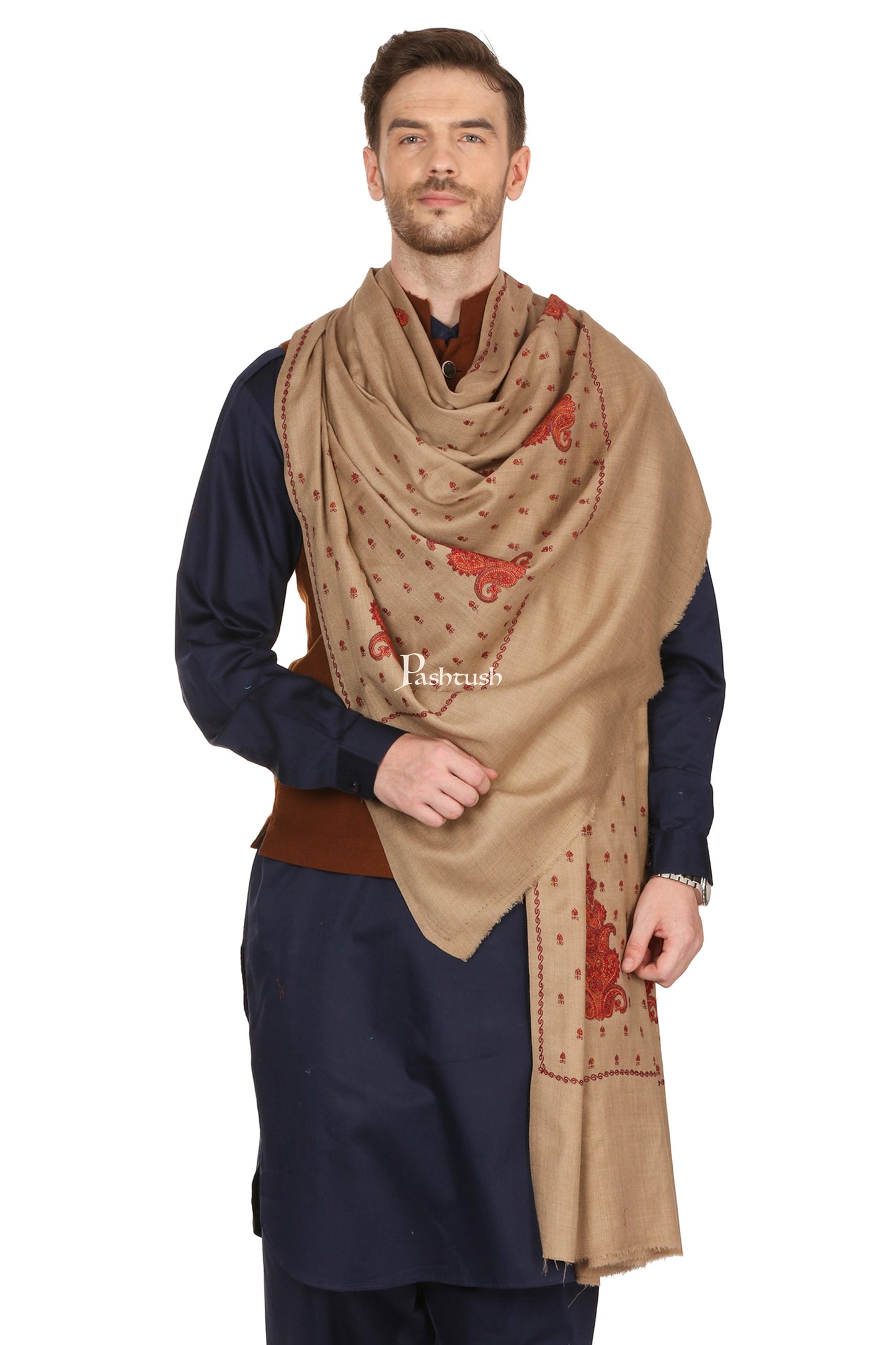 Pashtush India Mens Shawls Gents Shawl Pashtush Mens Embroidered Shawl In Extra Fine Wool Shawl