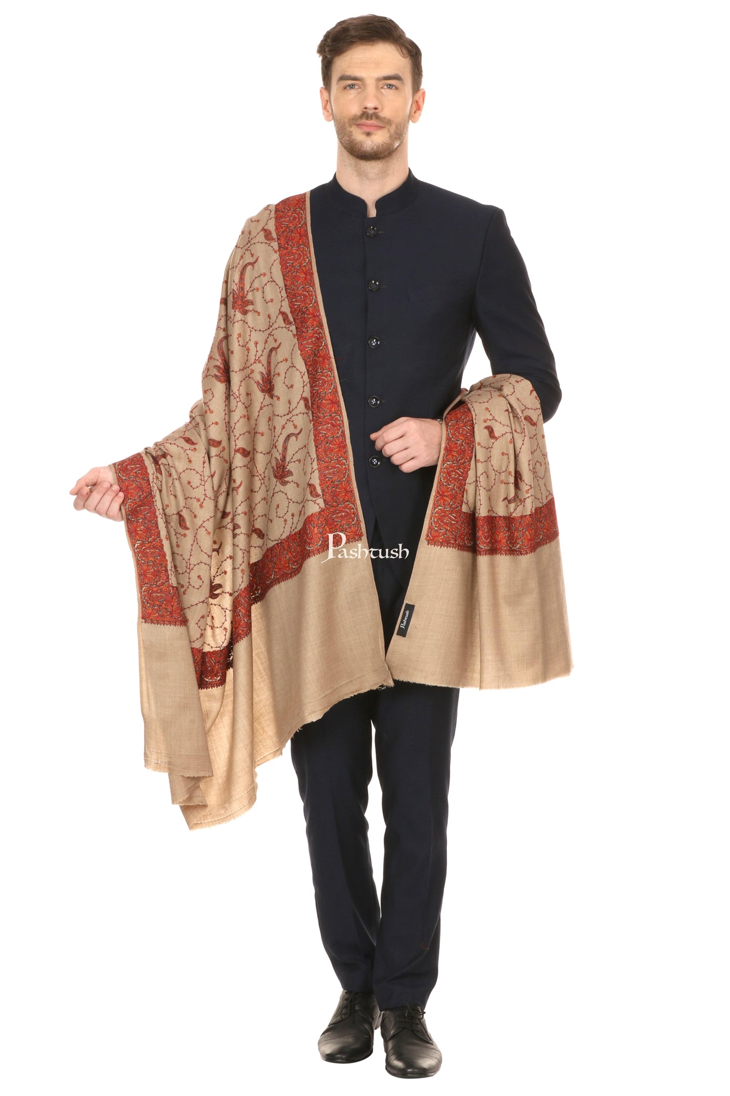 Pashtush India Mens Shawls Gents Shawl Pashtush Mens Embroidered Shawl In Fine Wool Handfeel