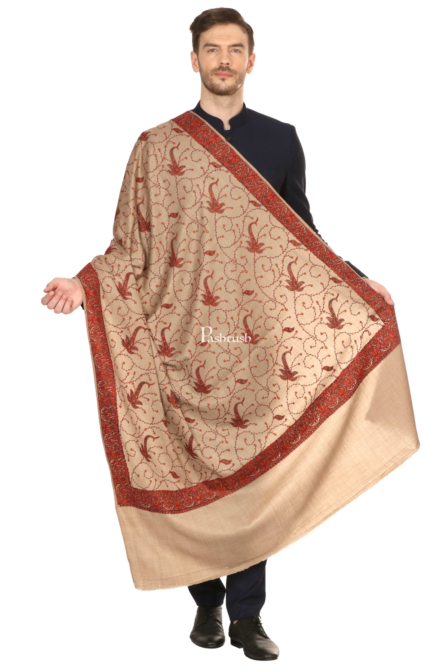 Pashtush India Mens Shawls Gents Shawl Pashtush Mens Embroidered Shawl In Fine Wool Handfeel