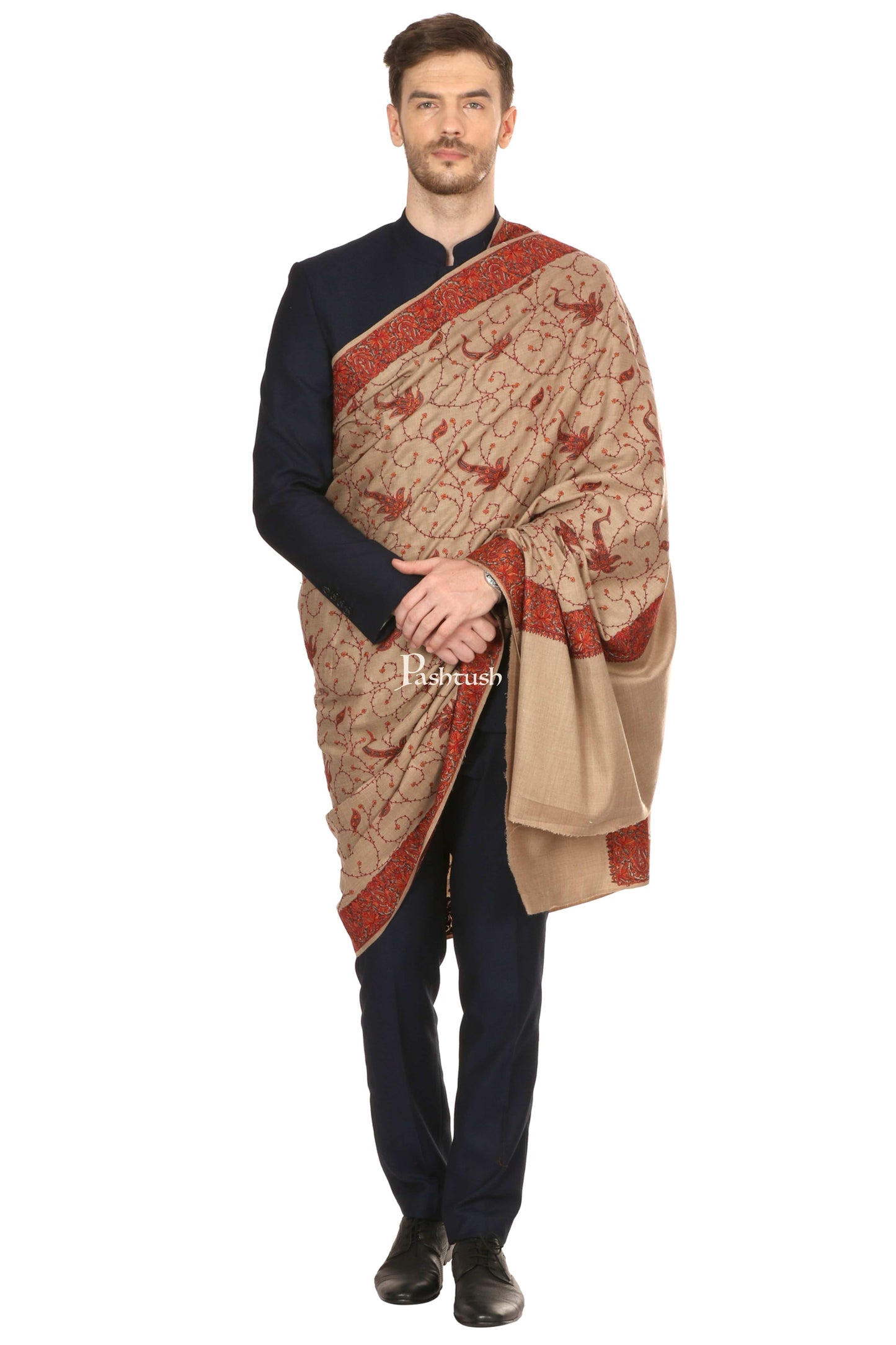 Pashtush India Mens Shawls Gents Shawl Pashtush Mens Embroidered Shawl In Fine Wool Handfeel