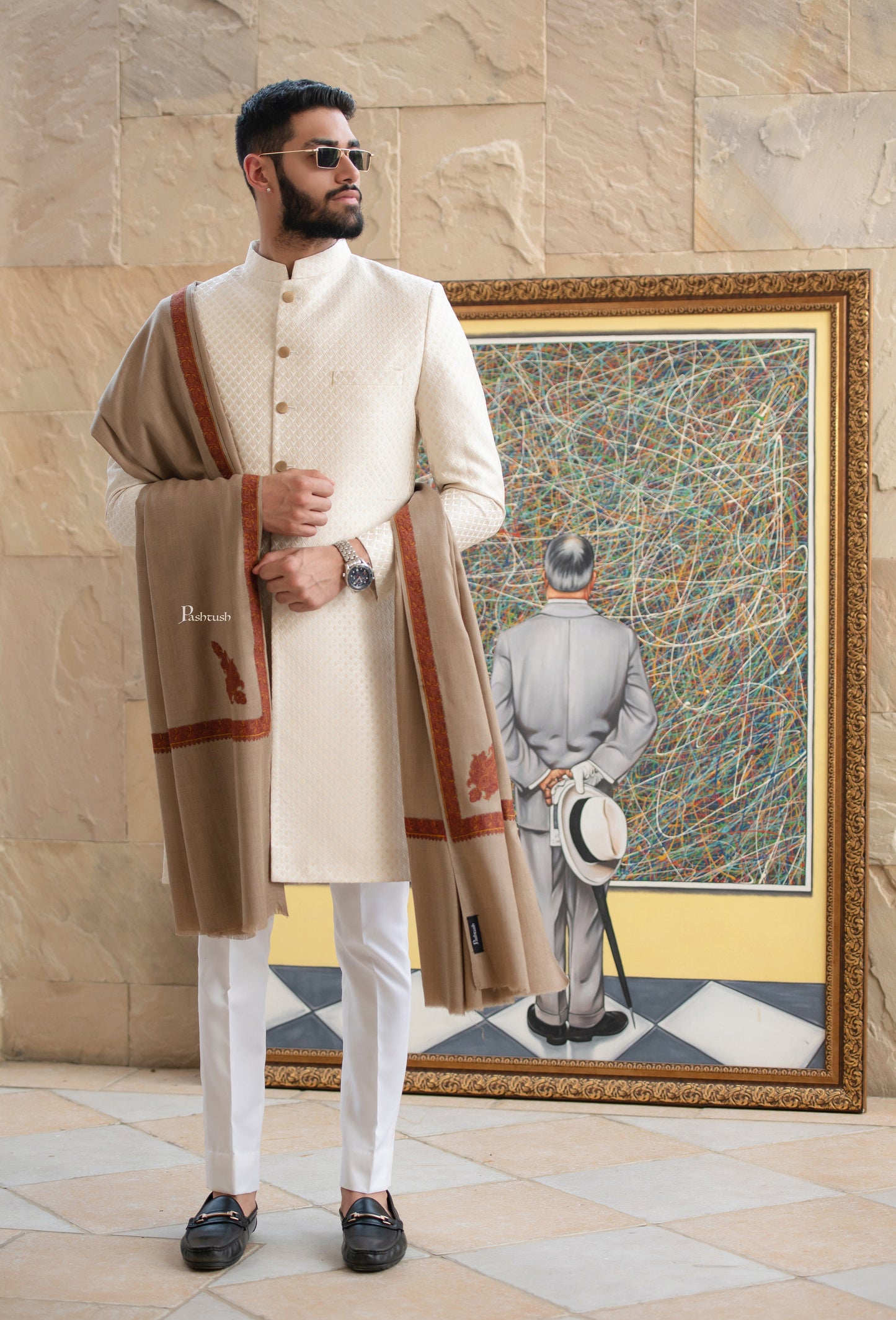 Pashtush India Mens Shawls Gents Shawl Pashtush Mens Embroidery Black Shawl, Kingri Design - Dark Beige