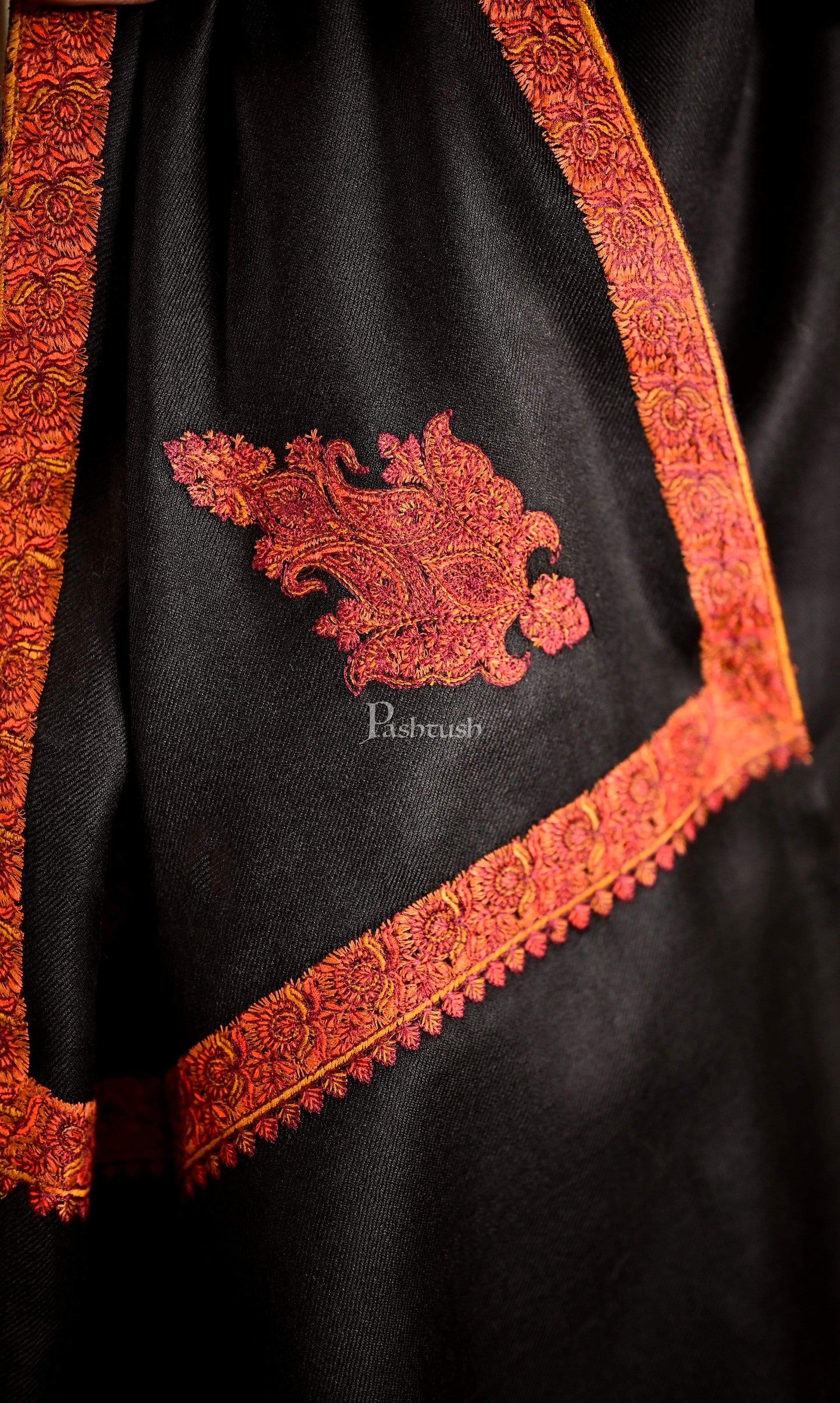 Pashtush India 127x254 Pashtush Mens Embroidery Black Shawl, Kingri Design - Rich Black