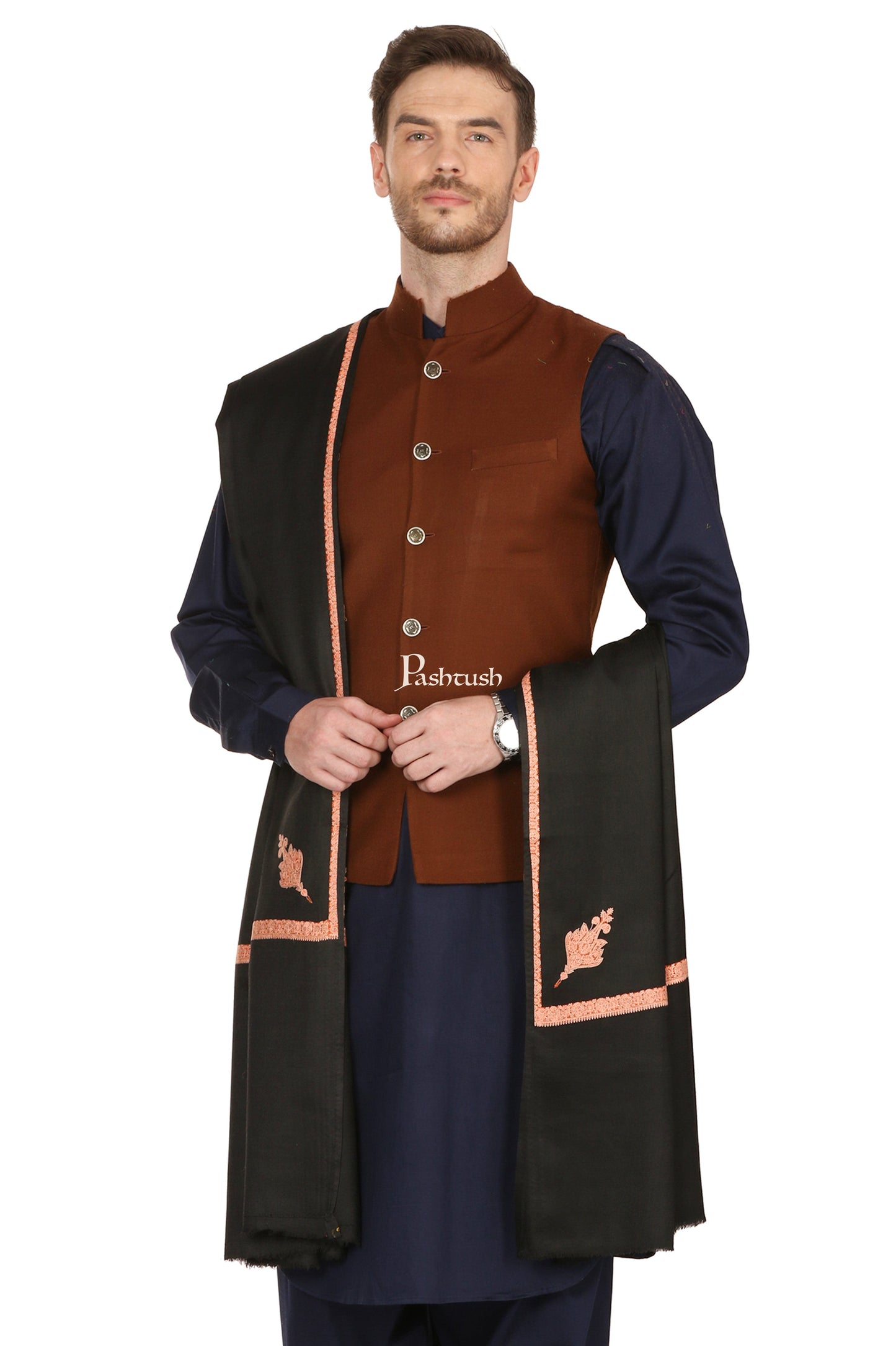 Pashtush India Mens Shawls Gents Shawl Pashtush Mens Embroidery Black Shawl, Kingri Design - Rich Black