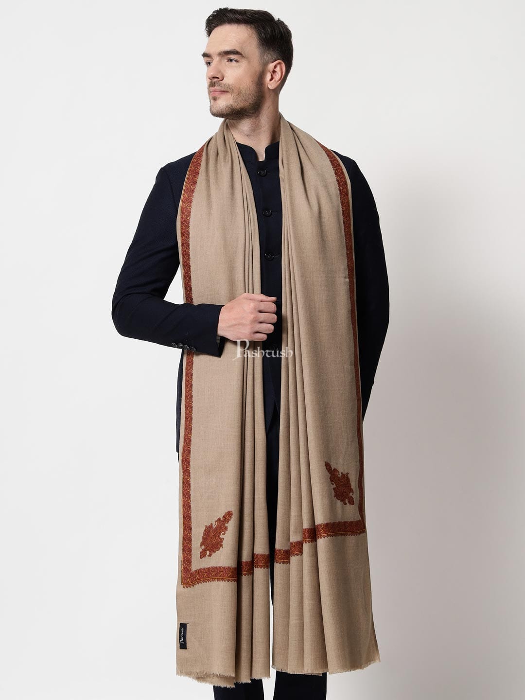 Pashtush India Mens Shawls Gents Shawl Pashtush Mens Embroidery Shawl, Kingri Design - Dark Beige
