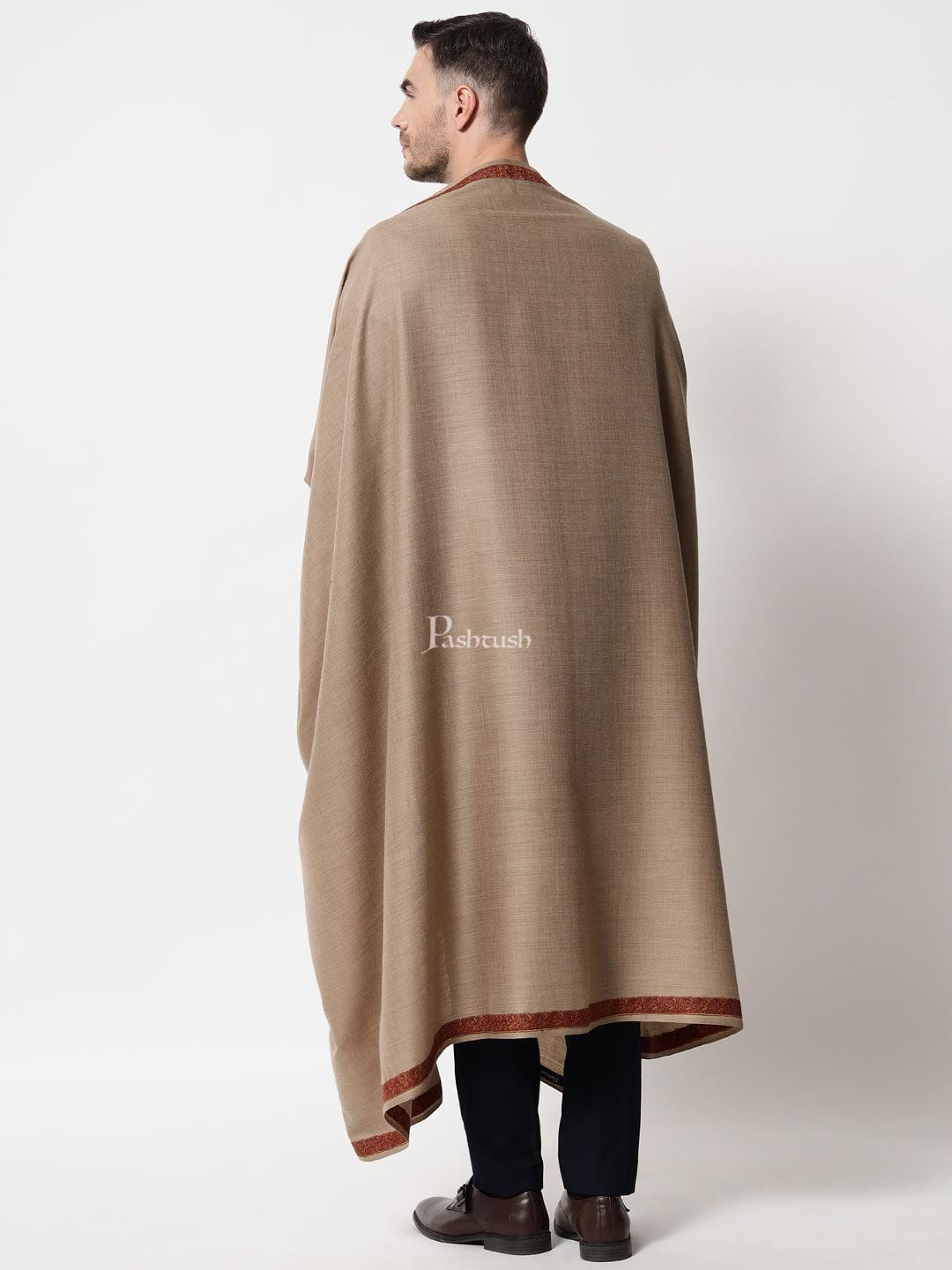 Pashtush India Mens Shawls Gents Shawl Pashtush Mens Embroidery Shawl, Kingri Design - Dark Beige
