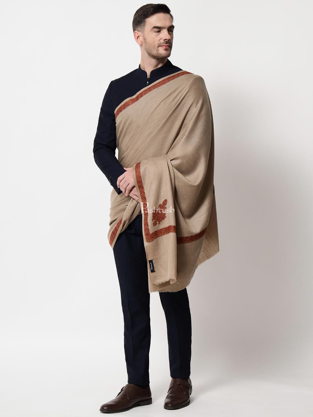 Pashtush India Mens Shawls Gents Shawl Pashtush Mens Embroidery Shawl, Kingri Design - Dark Beige