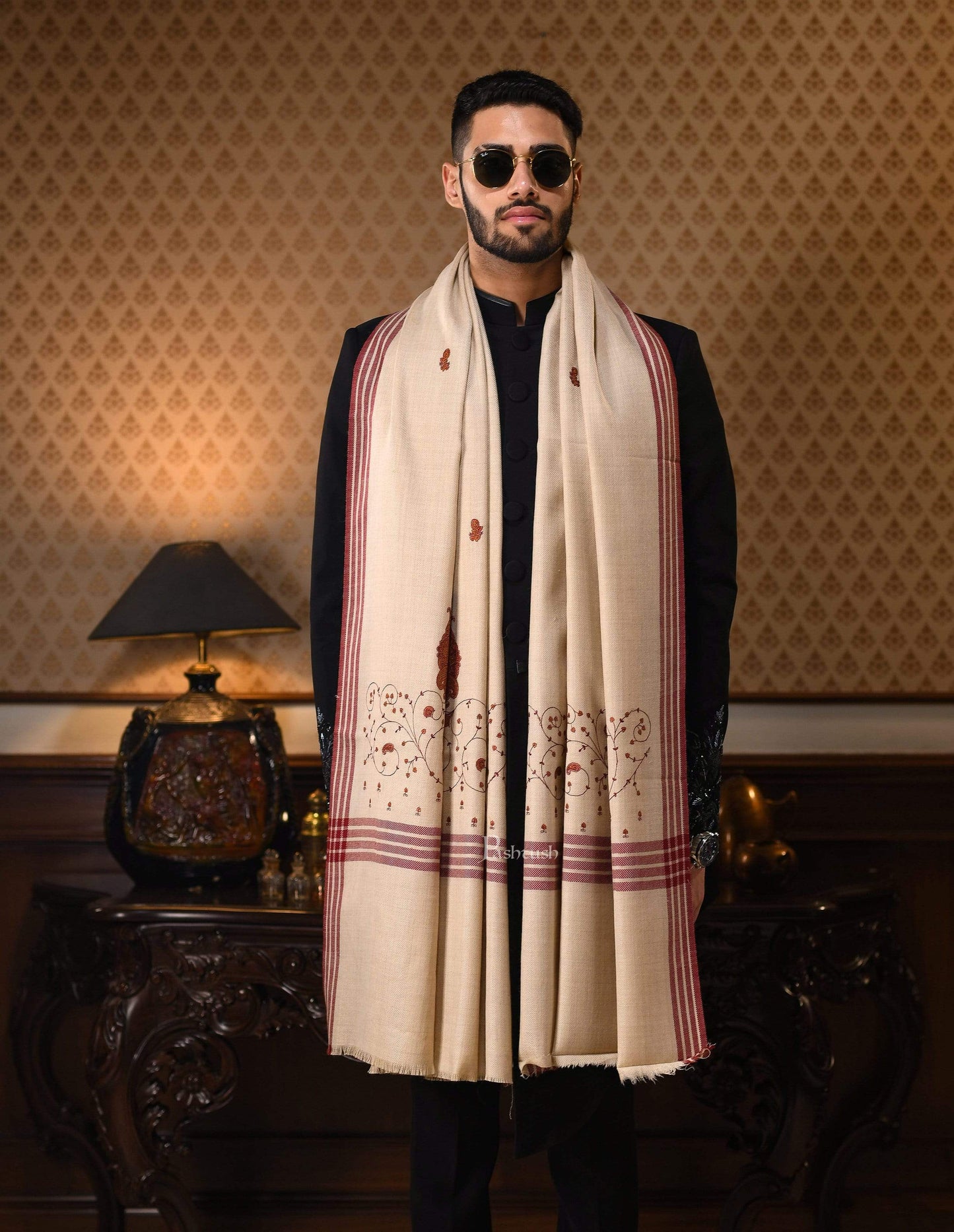 Pashtush India 114x228 Pashtush Mens Embroidery Shawl, Large and Warm