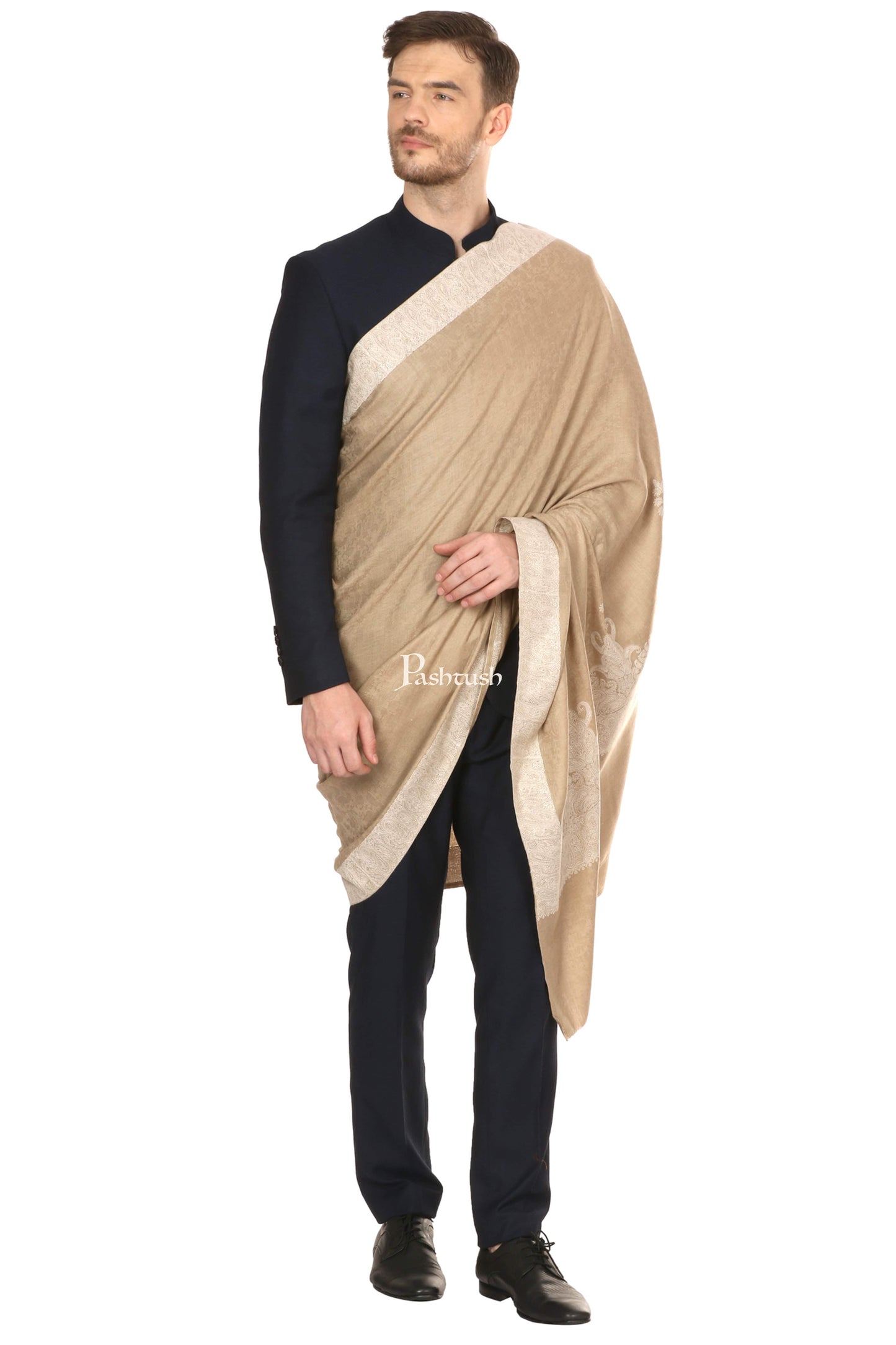 Pashtush India Mens Shawls Gents Shawl Pashtush Mens Embroidery Tone On Tone, Shawl, Medium