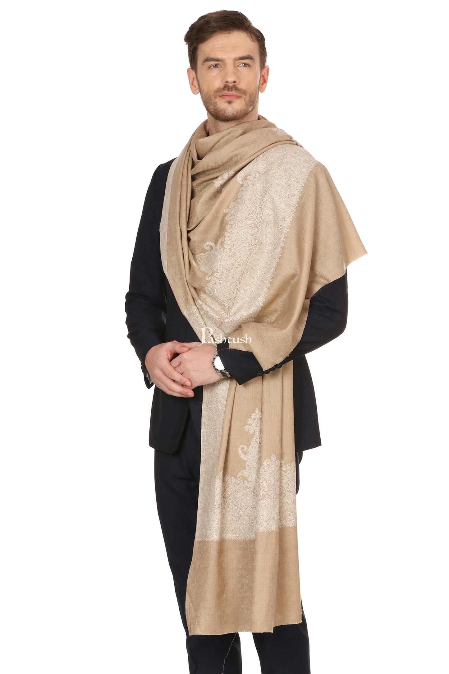 Pashtush India Mens Shawls Gents Shawl Pashtush Mens Embroidery Tone On Tone, Shawl, Medium