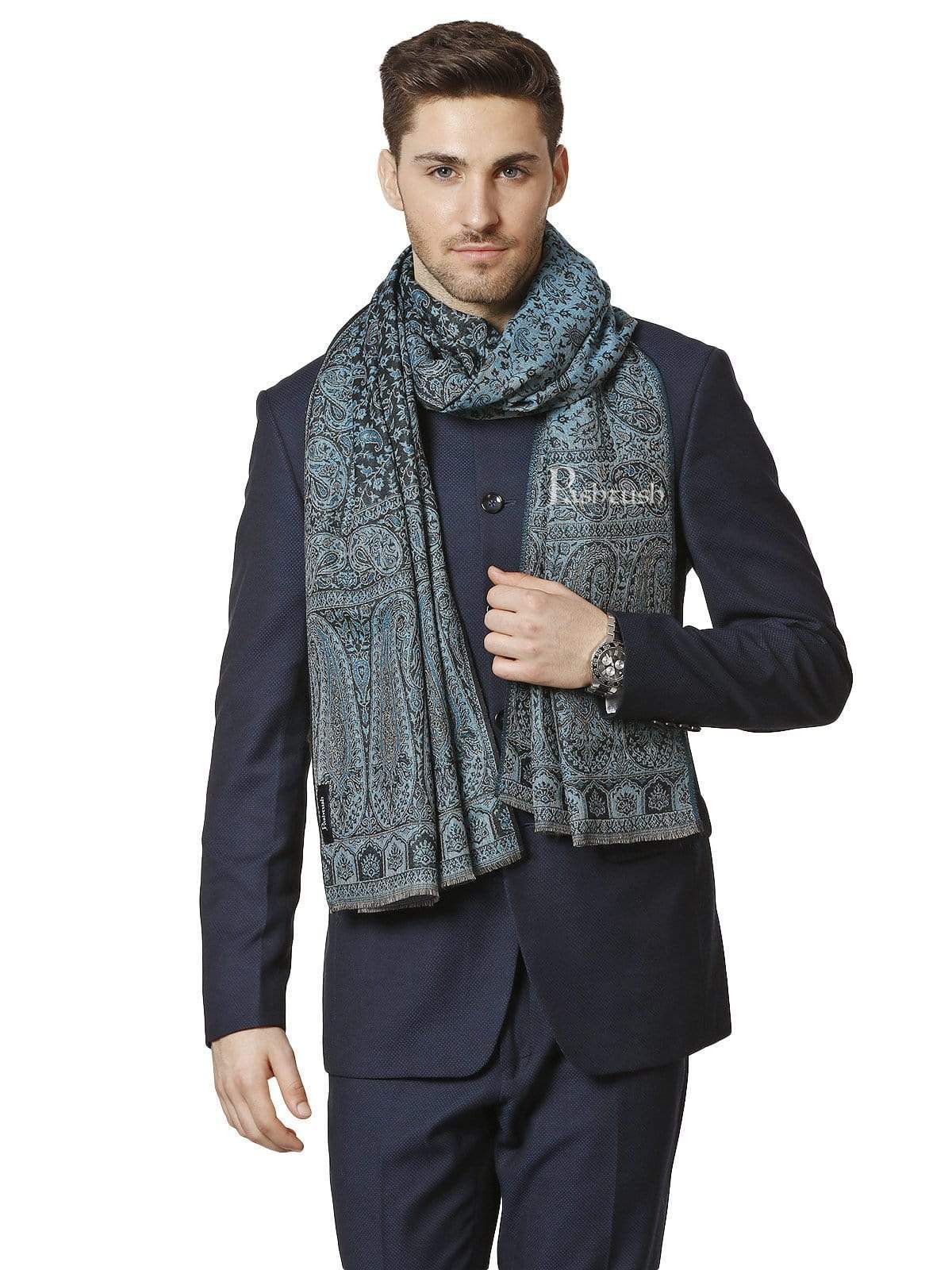 Pashtush Shawl Store 70x200 Pashtush Mens Ethic Stole, Fine Wool, Soft and Warm, Azure Blue
