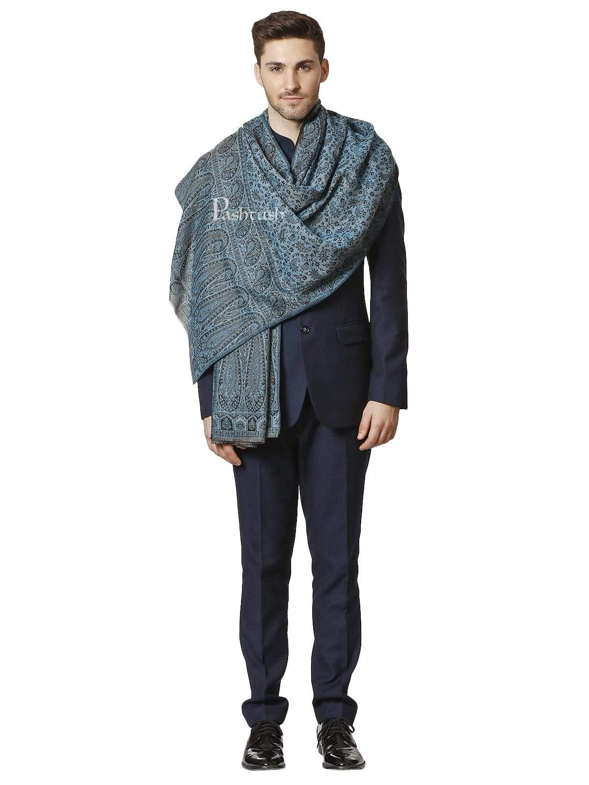 Pashtush Shawl Store 70x200 Pashtush Mens Ethic Stole, Fine Wool, Soft and Warm, Azure Blue