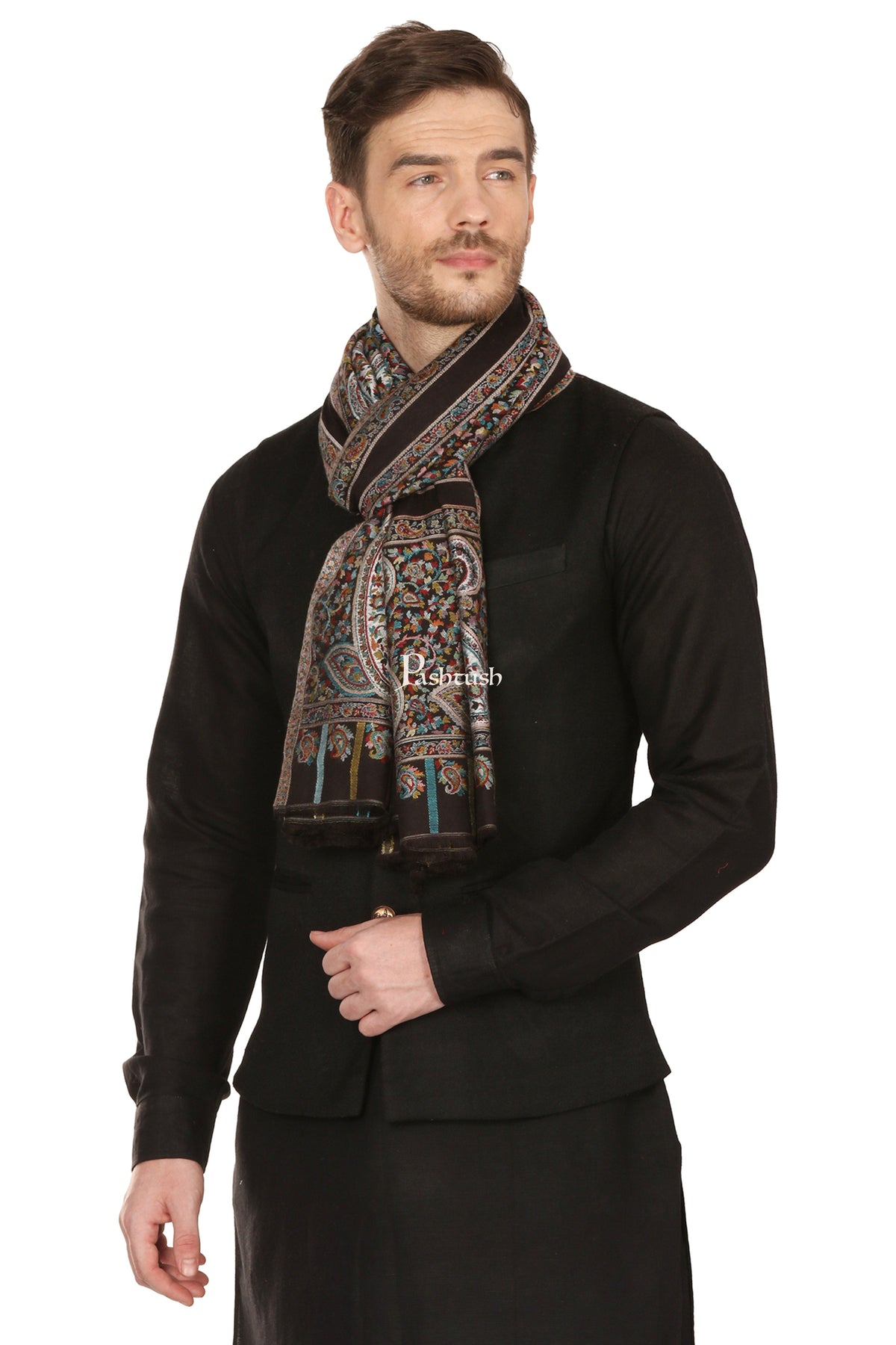Pashtush India Mens Scarves Stoles and Mufflers Pashtush Mens Ethnic Fine Extra Soft Stole (70 X 200 Cm ) Black