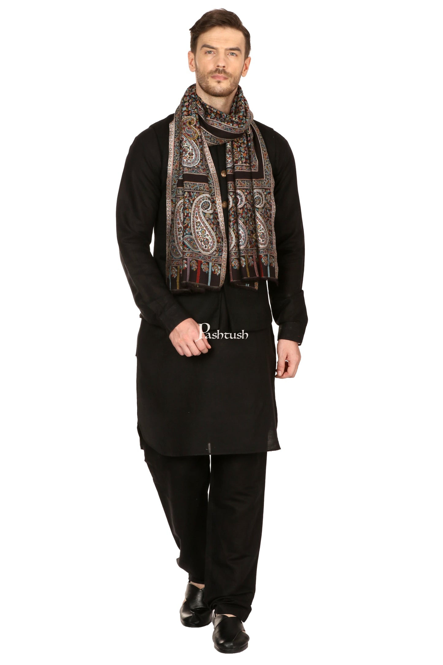 Pashtush India Mens Scarves Stoles and Mufflers Pashtush Mens Ethnic Fine Extra Soft Stole (70 X 200 Cm ) Black