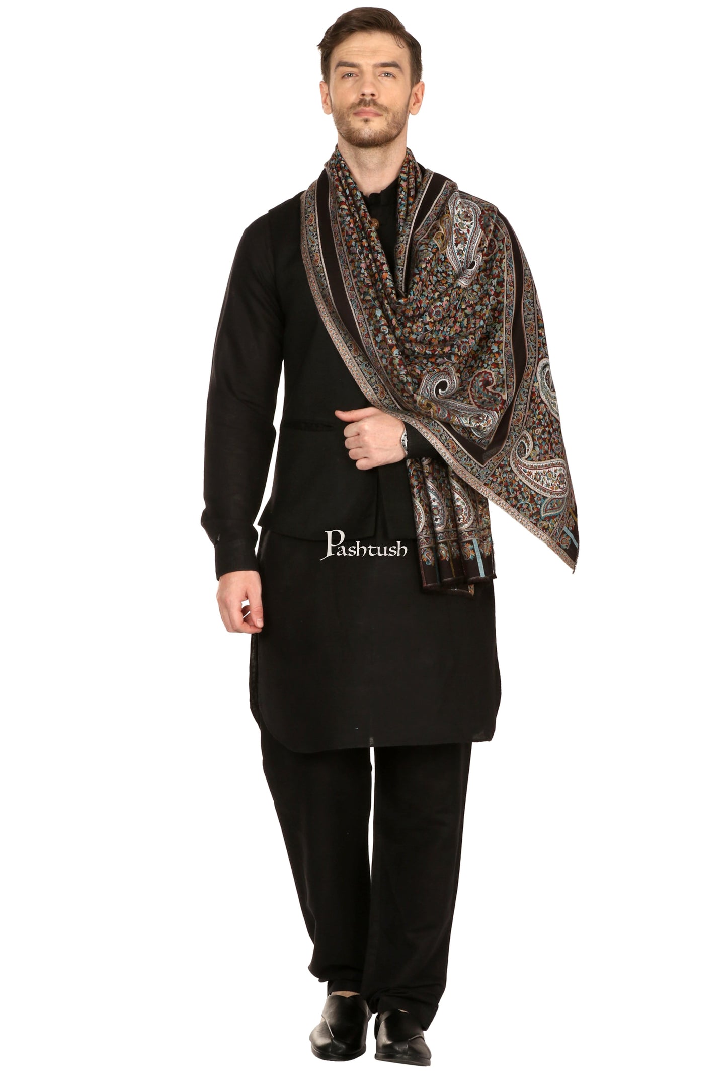 Pashtush India Mens Scarves Stoles and Mufflers Pashtush Mens Ethnic Fine Extra Soft Stole (70 X 200 Cm ) Black