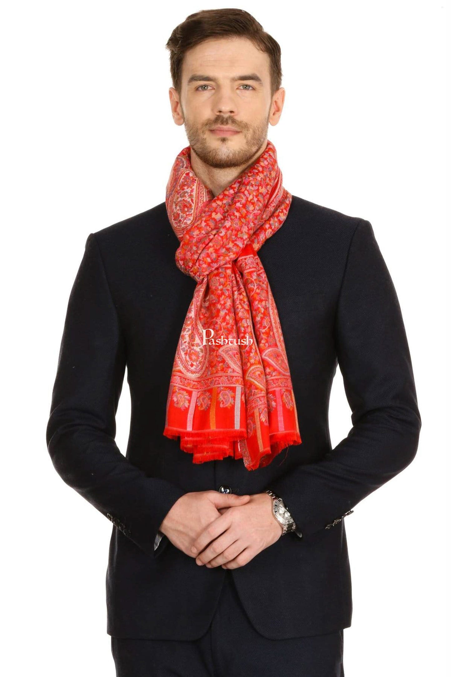 Pashtush India Mens Scarves Stoles and Mufflers Pashtush Mens Ethnic Fine Extra Soft Stole (70 X 200 Cm ) Red