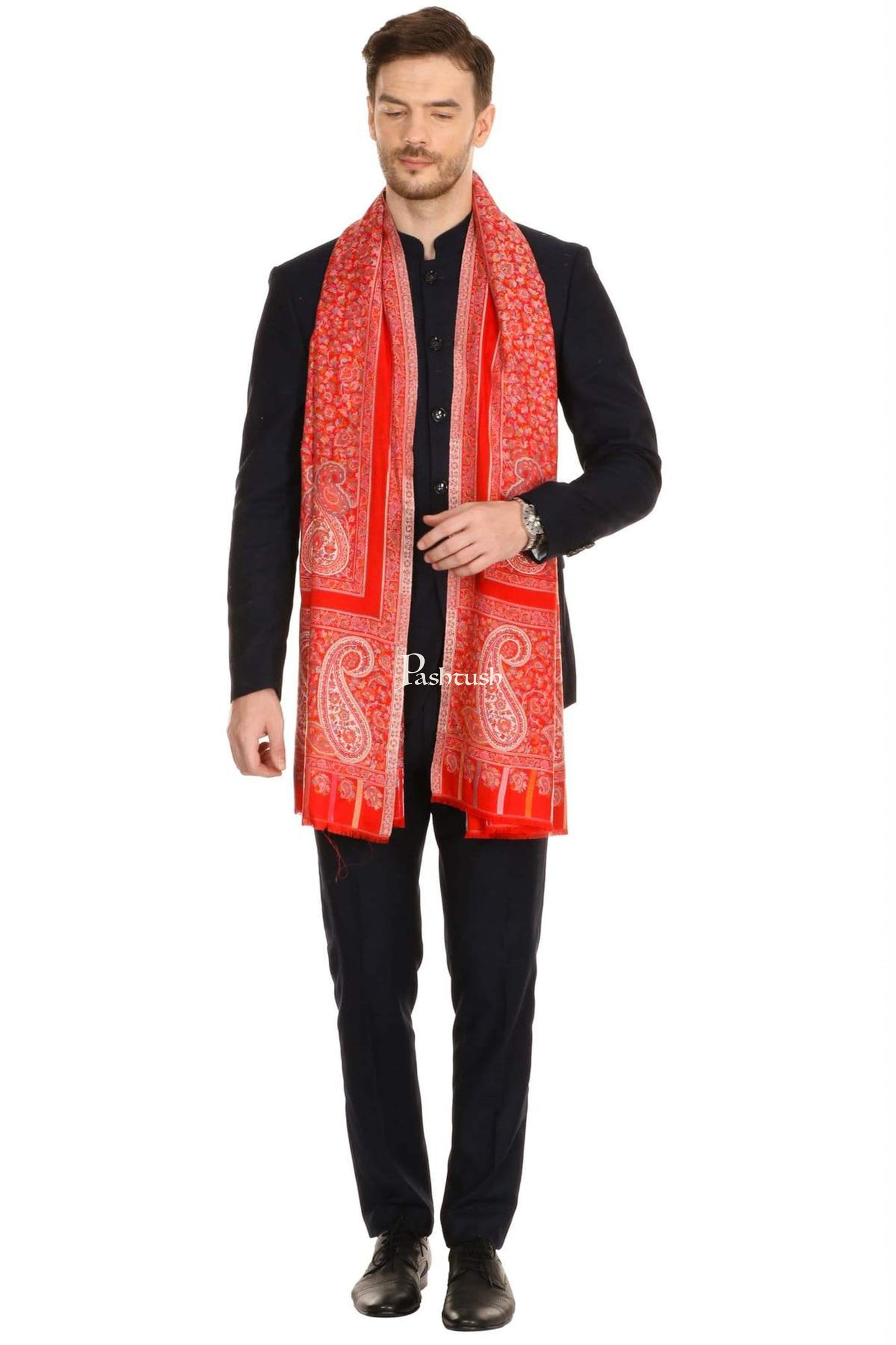 Pashtush India Mens Scarves Stoles and Mufflers Pashtush Mens Ethnic Fine Extra Soft Stole (70 X 200 Cm ) Red