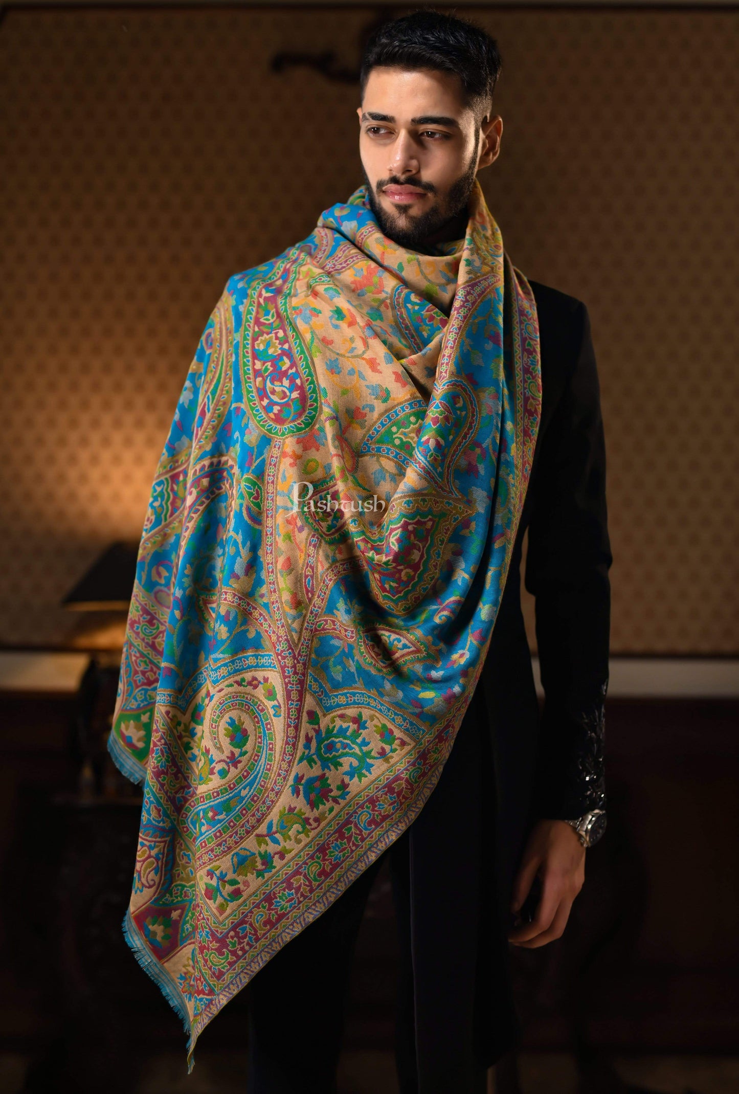 Pashtush India 100x200 Pashtush Mens Ethnic Shawl, Faux Pashmina, Soft And Warm, Barabic Blue