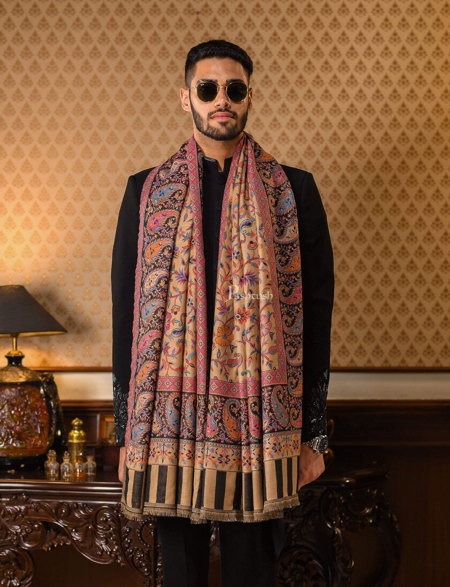 Pashtush India 100x200 Pashtush Mens Ethnic Shawl, Faux Pashmina, Soft and Warm, Beige