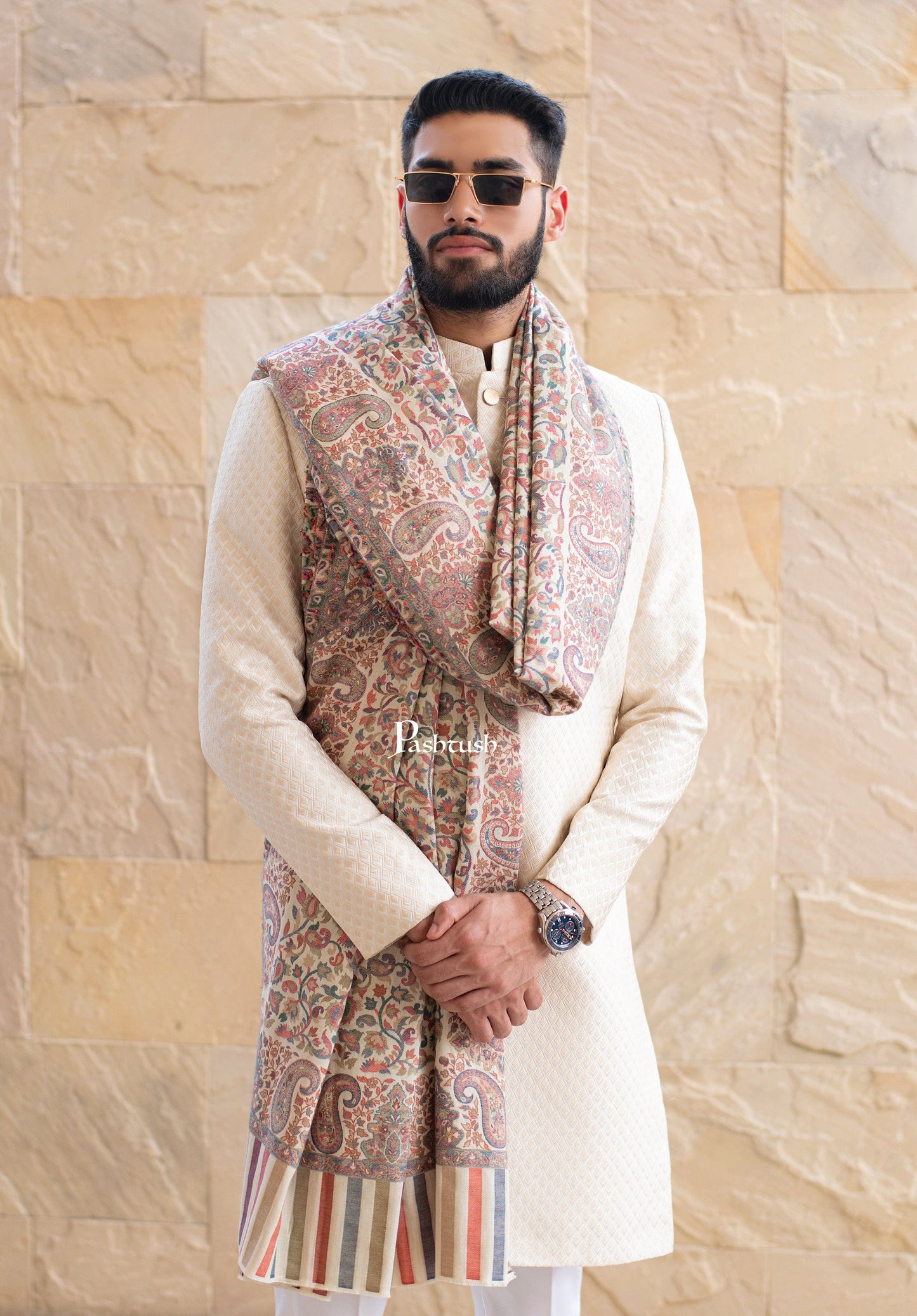 Pashtush India Mens Shawls Gents Shawl Pashtush Mens Ethnic Shawl, Mens Lohi, Full Size, Fine Wool, Ivory