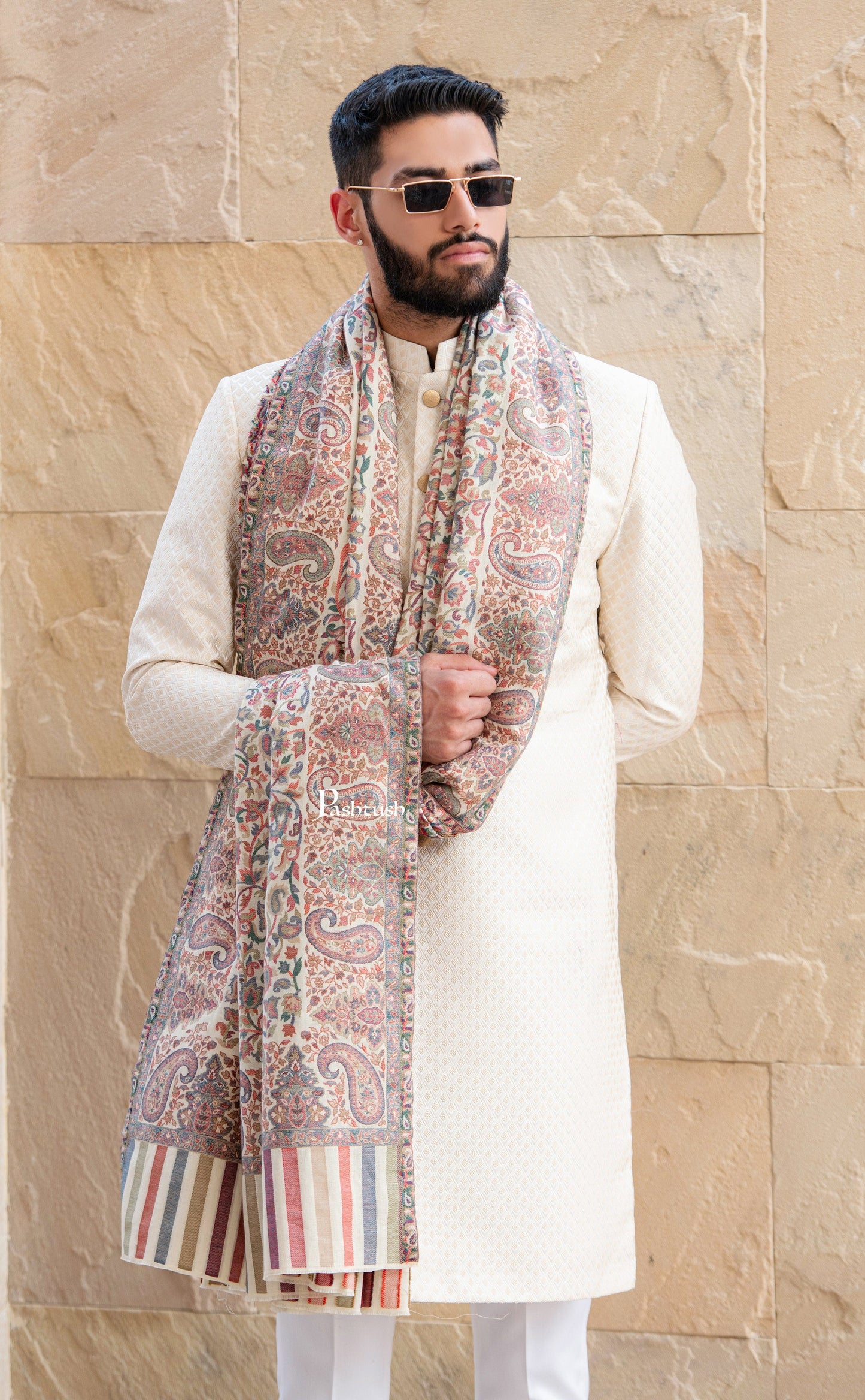 Pashtush India Mens Shawls Gents Shawl Pashtush Mens Ethnic Shawl, Mens Lohi, Full Size, Fine Wool, Ivory
