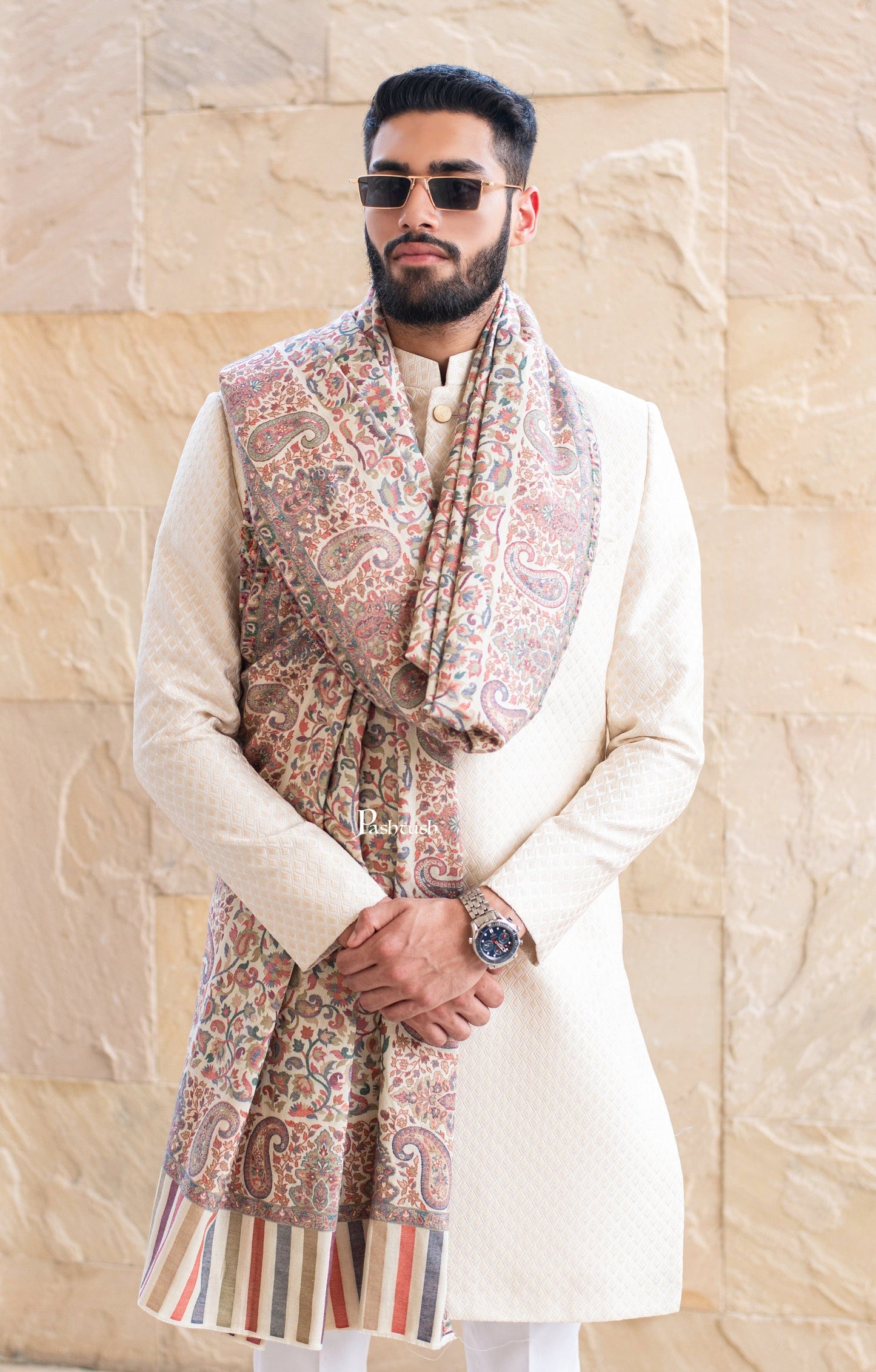 Pashtush India Mens Shawls Gents Shawl Pashtush Mens Ethnic Shawl, Mens Lohi, Full Size, Fine Wool, Ivory