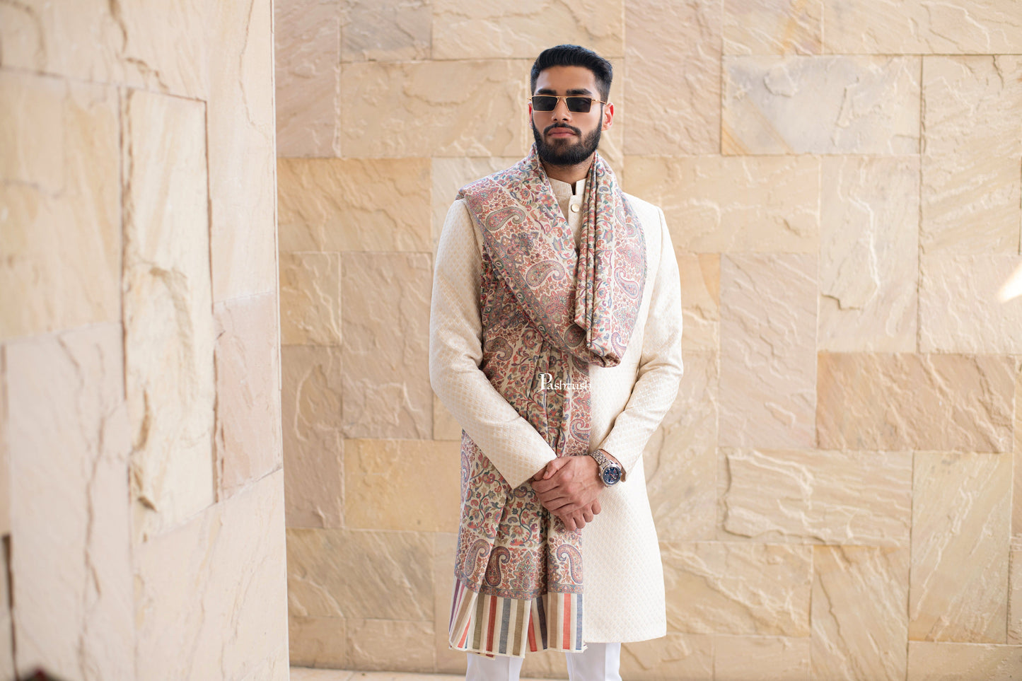 Pashtush India Mens Shawls Gents Shawl Pashtush Mens Ethnic Shawl, Mens Lohi, Full Size, Fine Wool, Ivory