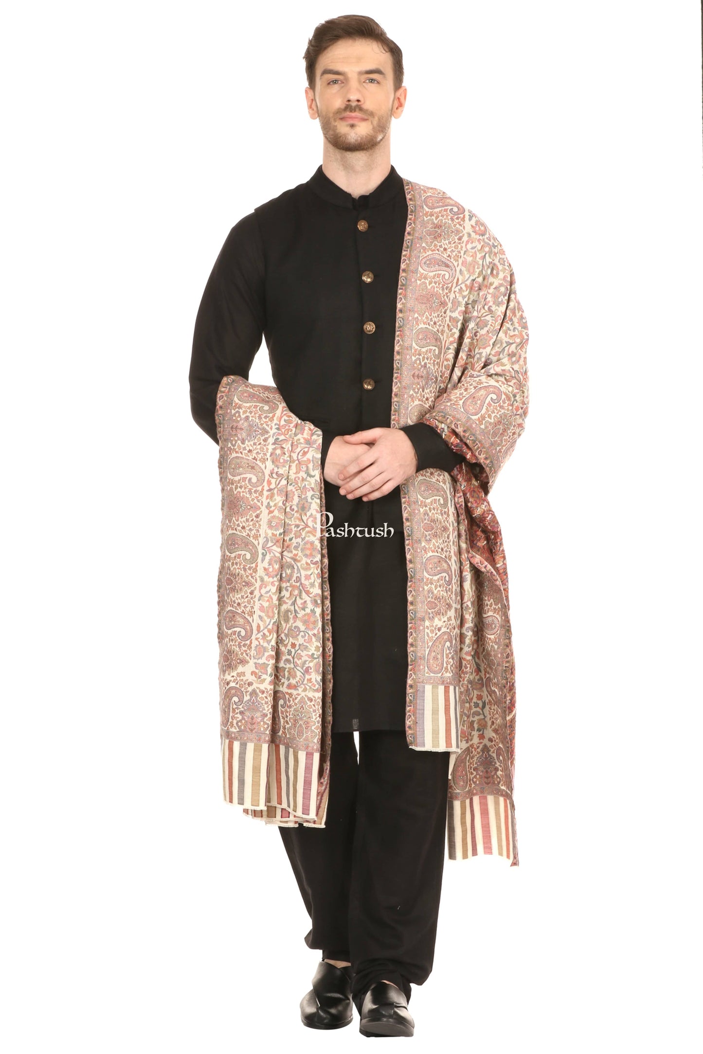 Pashtush India Mens Shawls Gents Shawl Pashtush Mens Ethnic Shawl, Mens Lohi, Full Size, Fine Wool, Ivory