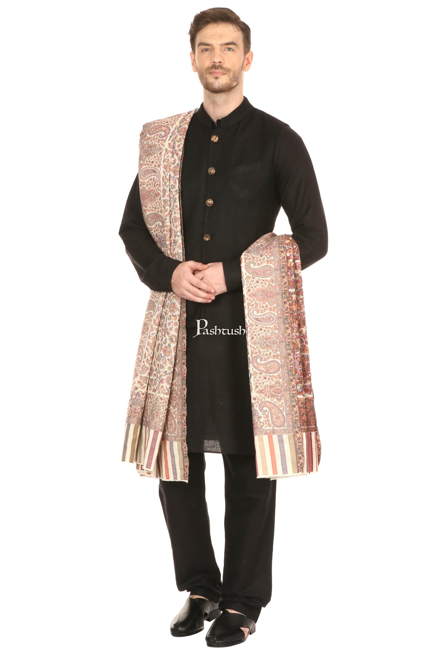 Pashtush India Mens Shawls Gents Shawl Pashtush Mens Ethnic Shawl, Mens Lohi, Full Size, Fine Wool, Ivory