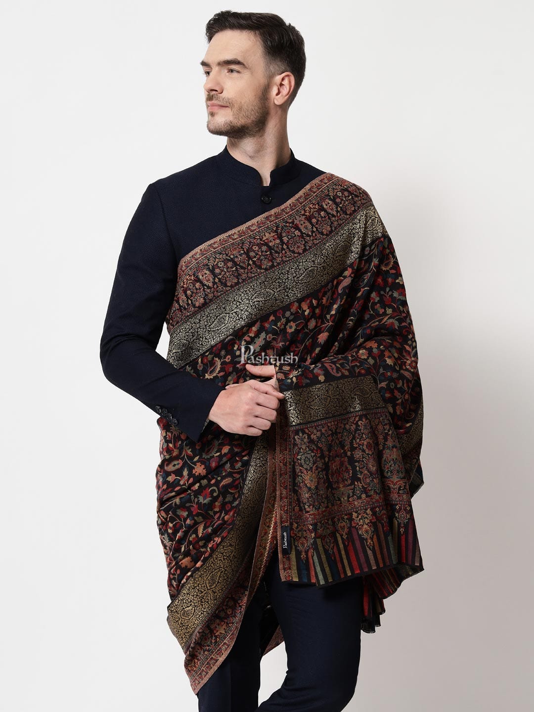 Pashtush India Mens Shawls Gents Shawl Pashtush Mens Ethnic Shawl, Mens Lohi , Full Size, Fine Wool, With Metallic Weave Border