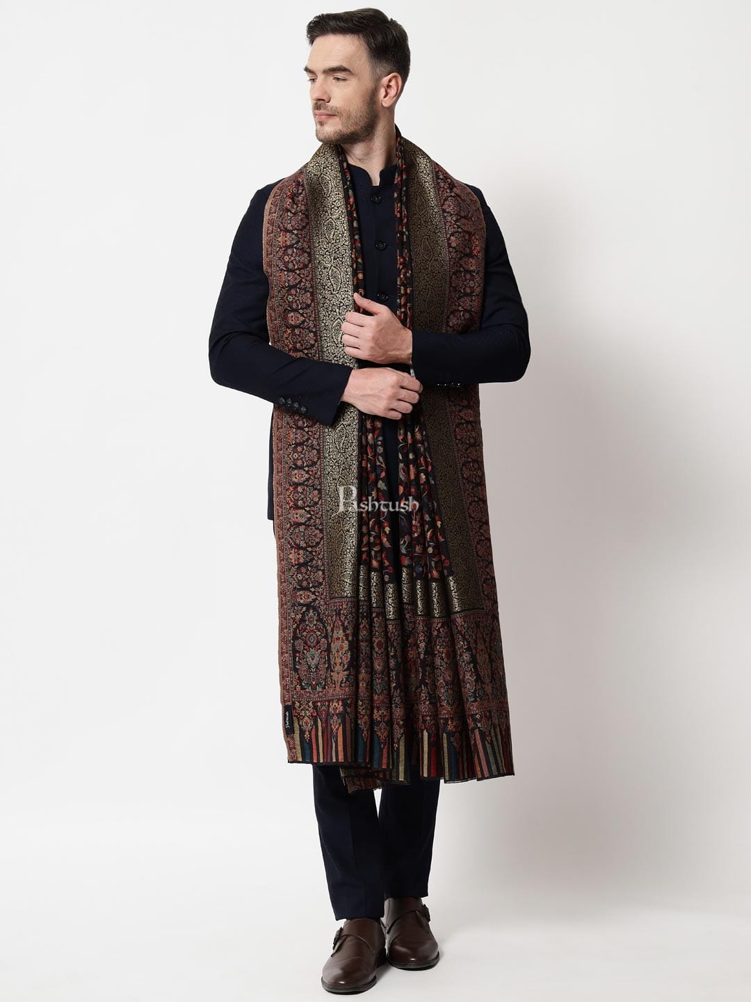 Pashtush India Mens Shawls Gents Shawl Pashtush Mens Ethnic Shawl, Mens Lohi , Full Size, Fine Wool, With Metallic Weave Border