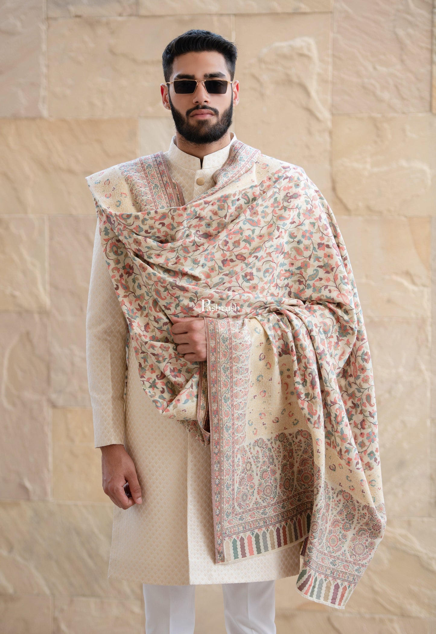 Pashtush India Mens Shawls Gents Shawl Pashtush Mens Ethnic Shawl, Mens Lohi , Full Size, Fine Wool, With Metallic Weave , Ivory