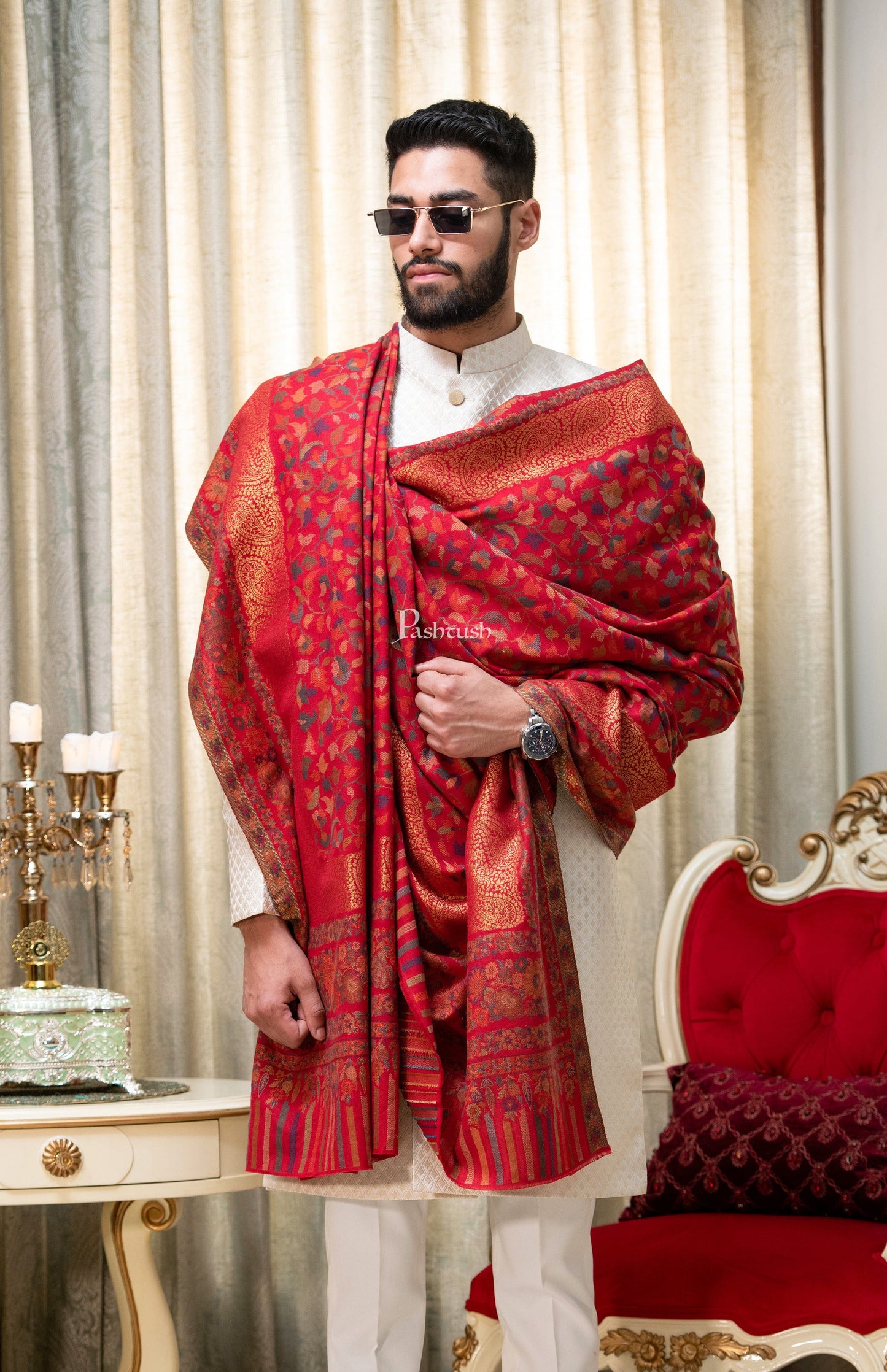 Pashtush India Mens Shawls Gents Shawl Pashtush Mens Ethnic Shawl, Mens Lohi , Full Size, Fine Wool, With Metallic Weave , Red