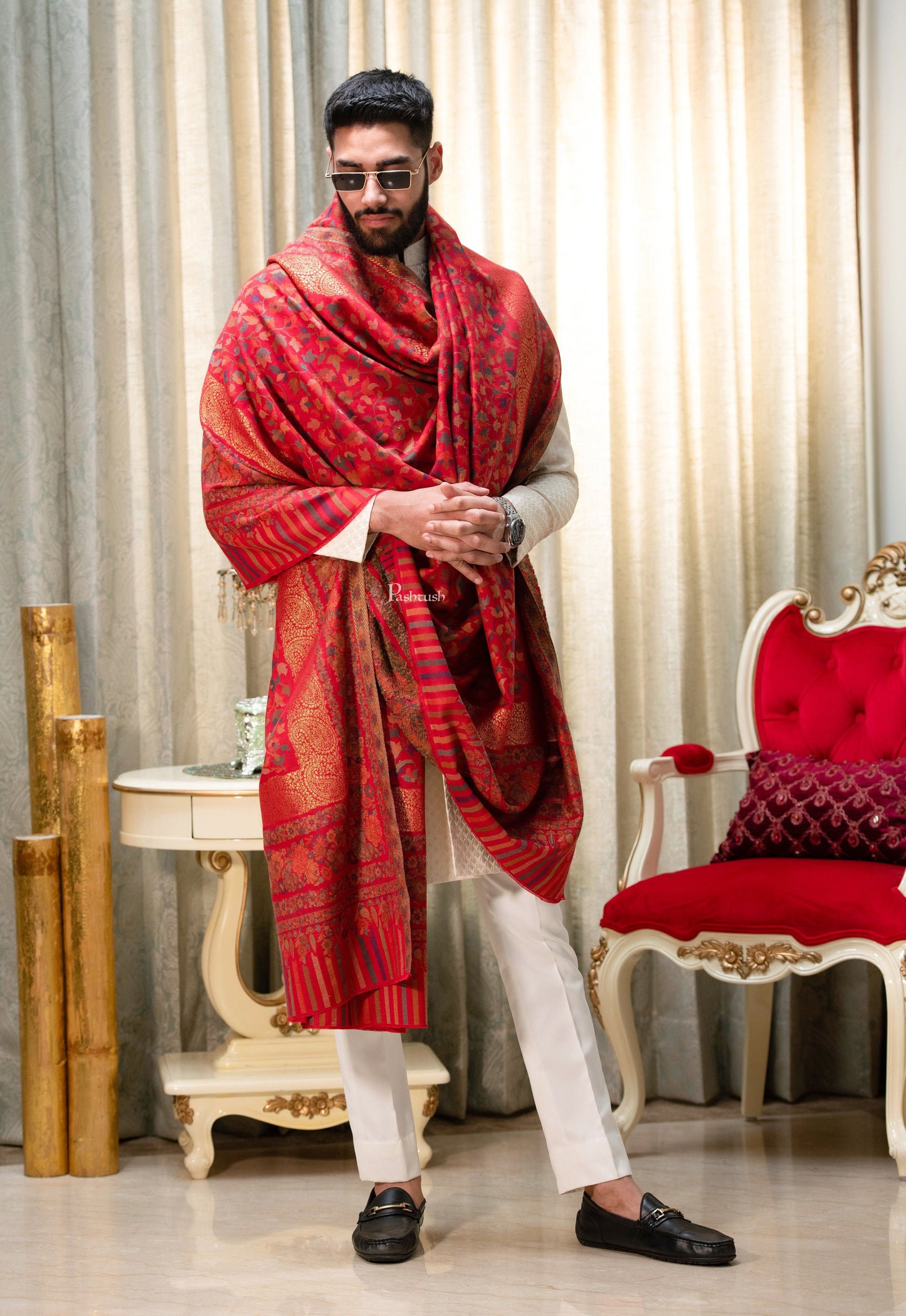 Pashtush India Mens Shawls Gents Shawl Pashtush Mens Ethnic Shawl, Mens Lohi , Full Size, Fine Wool, With Metallic Weave , Red