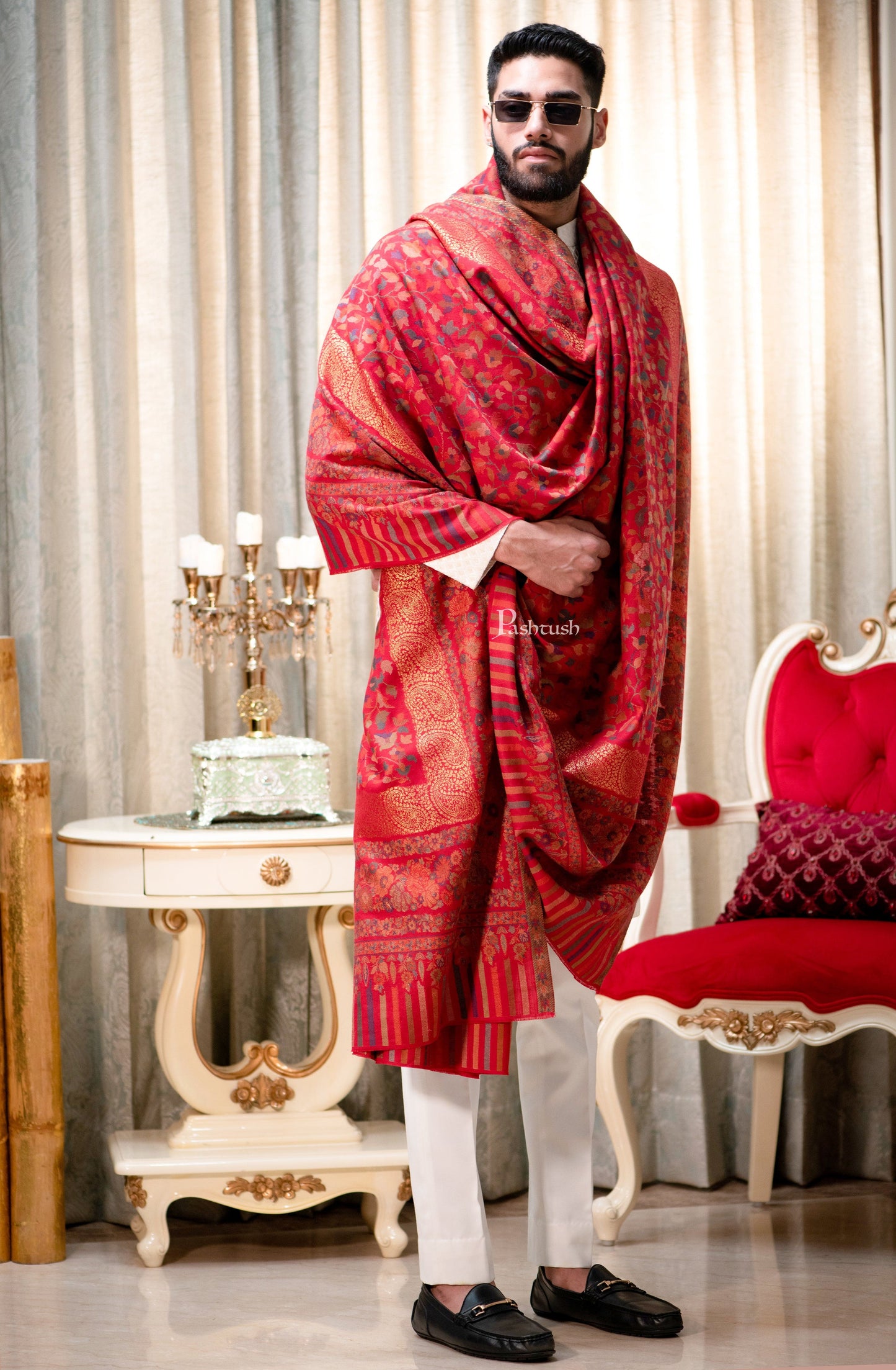 Pashtush India Mens Shawls Gents Shawl Pashtush Mens Ethnic Shawl, Mens Lohi , Full Size, Fine Wool, With Metallic Weave , Red