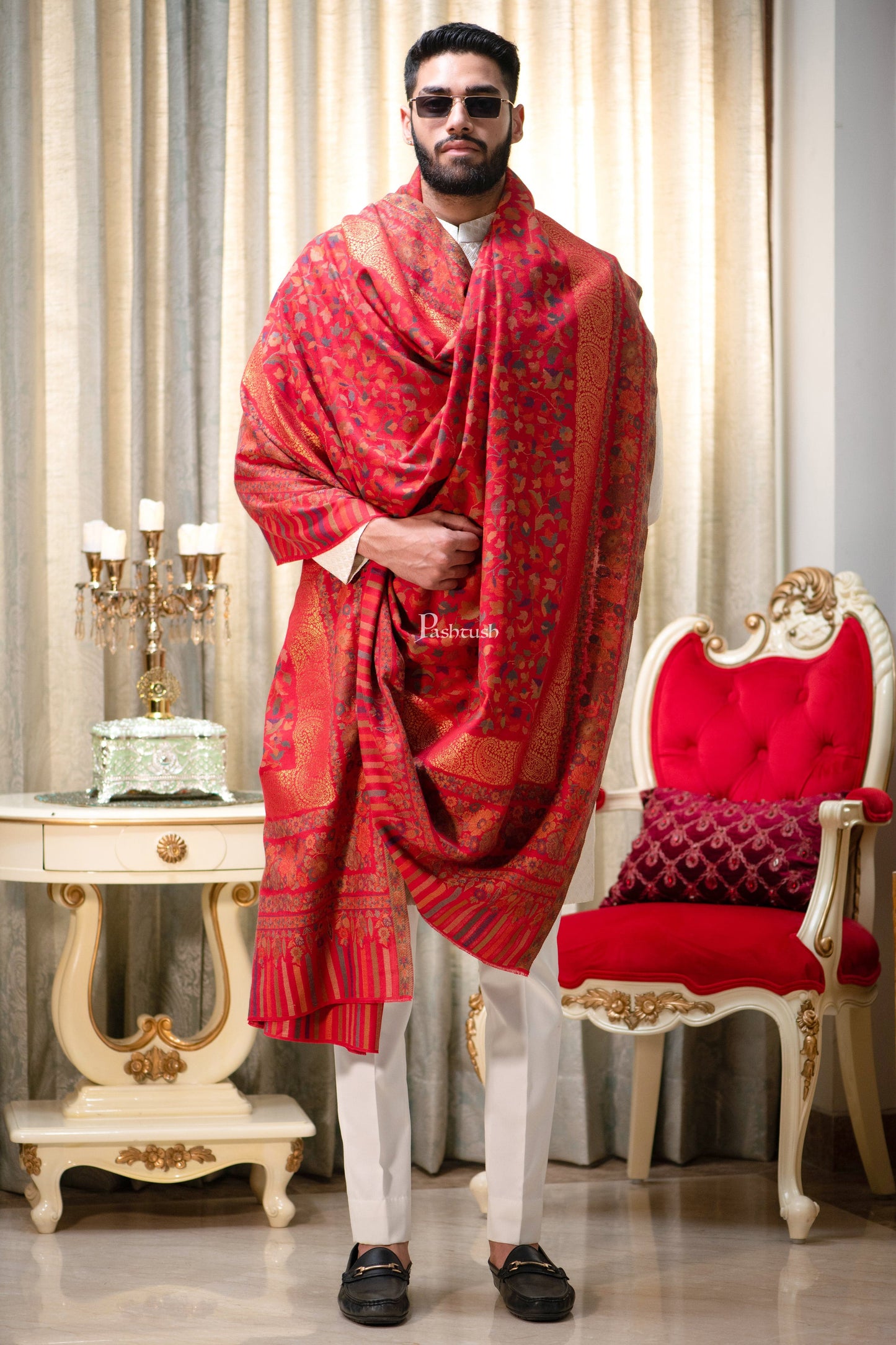 Pashtush India Mens Shawls Gents Shawl Pashtush Mens Ethnic Shawl, Mens Lohi , Full Size, Fine Wool, With Metallic Weave , Red