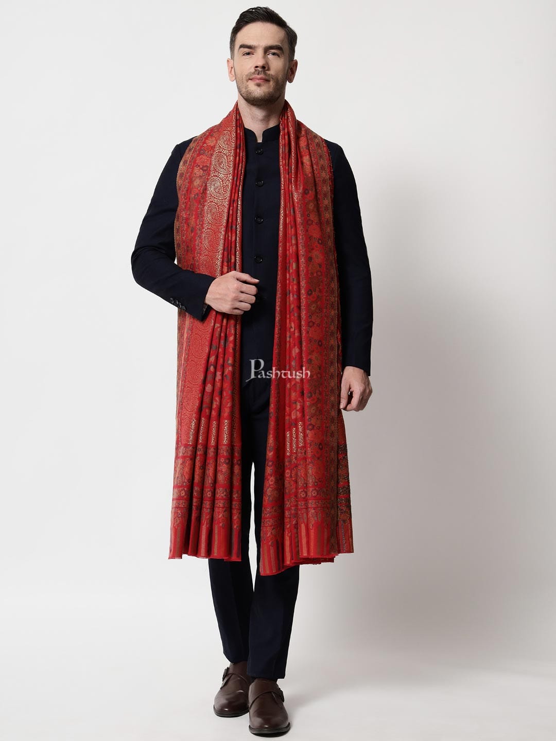 Pashtush India Mens Shawls Gents Shawl Pashtush Mens Ethnic Shawl, Mens Lohi , Full Size, Fine Wool, With Metallic Weave, Red