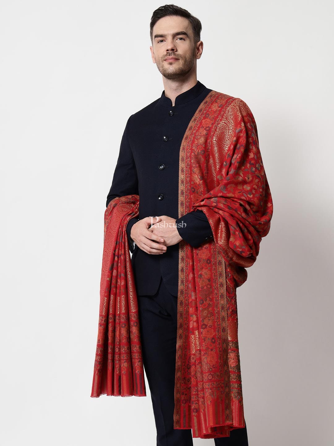 Pashtush India Mens Shawls Gents Shawl Pashtush Mens Ethnic Shawl, Mens Lohi , Full Size, Fine Wool, With Metallic Weave, Red