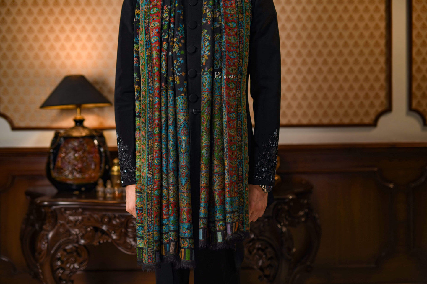 Pashtush India 100x200 Pashtush Mens Ethnic Shawl, Multi-Colored Weave, Pure Wool, Woolmark Certificate