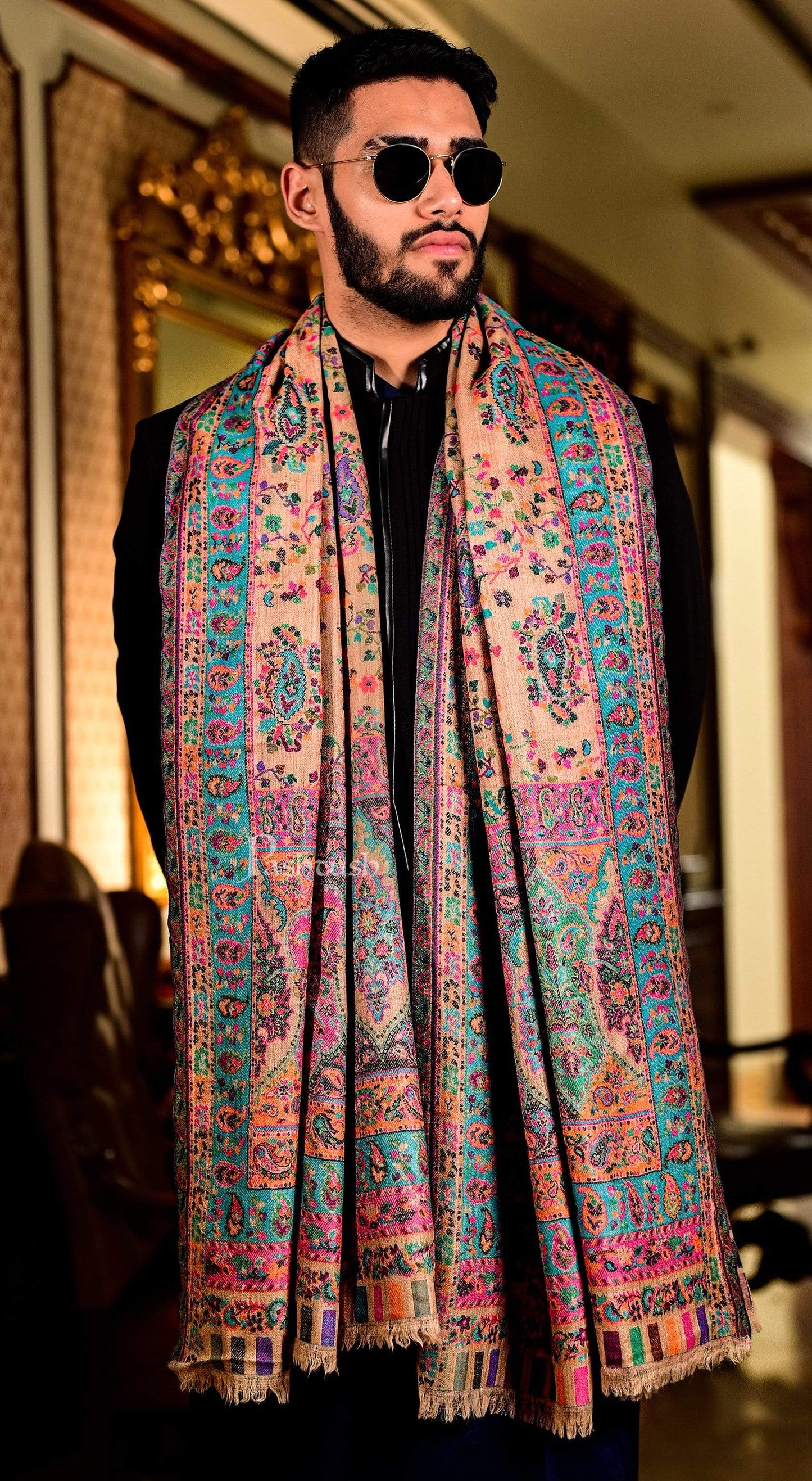 Pashtush India 100x200 Pashtush Mens Ethnic Stole, Pastel Coloured Weave, Pure Wool, Woolmark Certificate