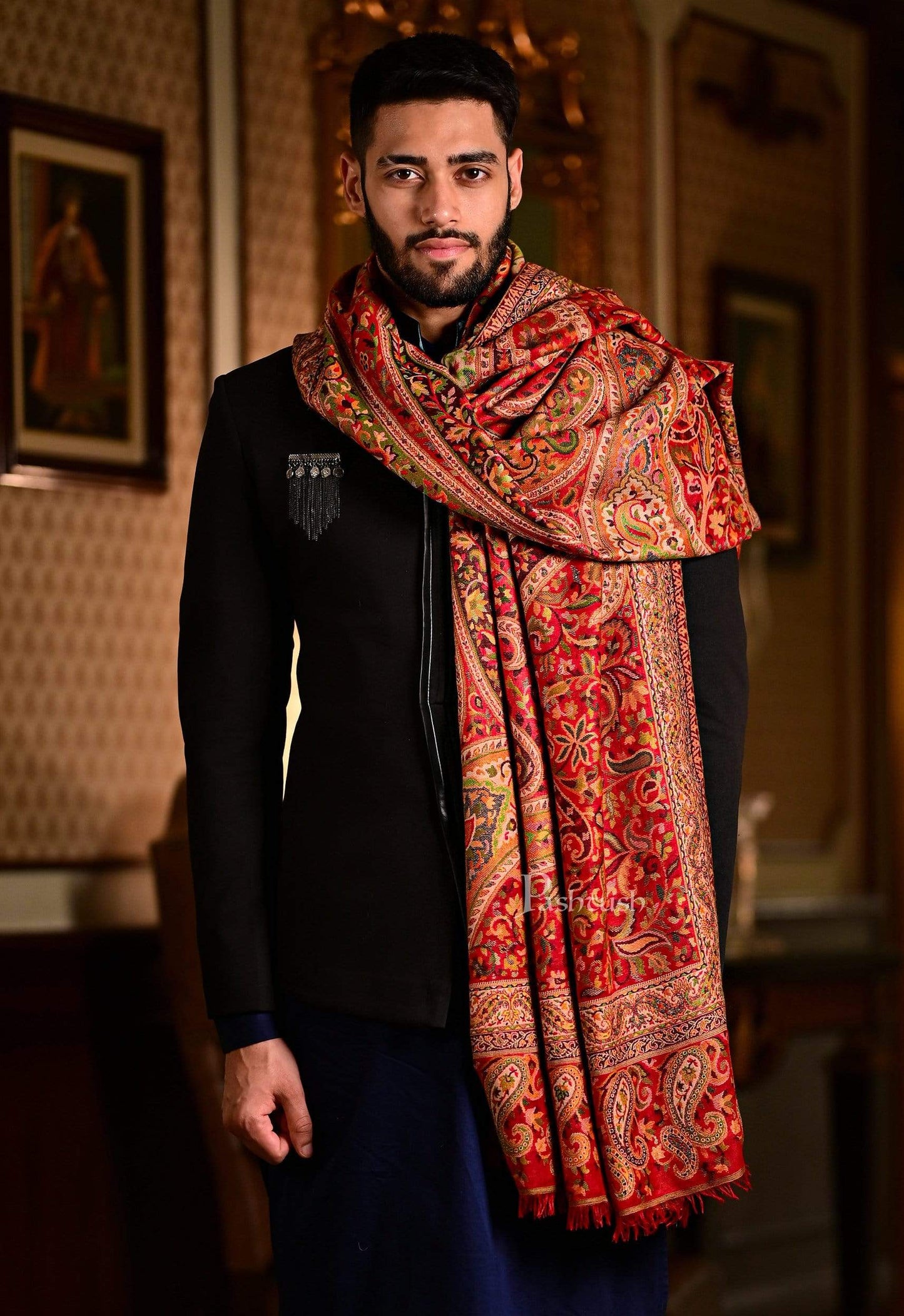 Pashtush India 100x200 Pashtush Mens Ethnic Weave Shawl, Rich Garden, Red And Beige