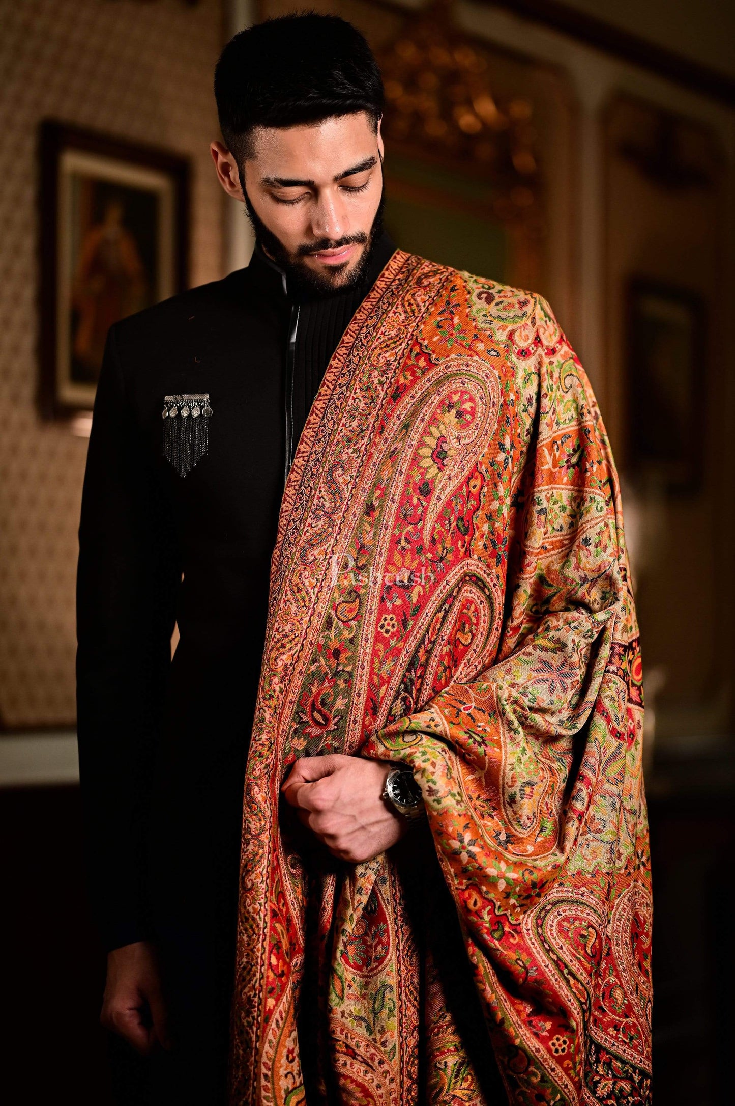 Pashtush India 100x200 Pashtush Mens Ethnic Weave Shawl, Rich Garden, Red And Beige