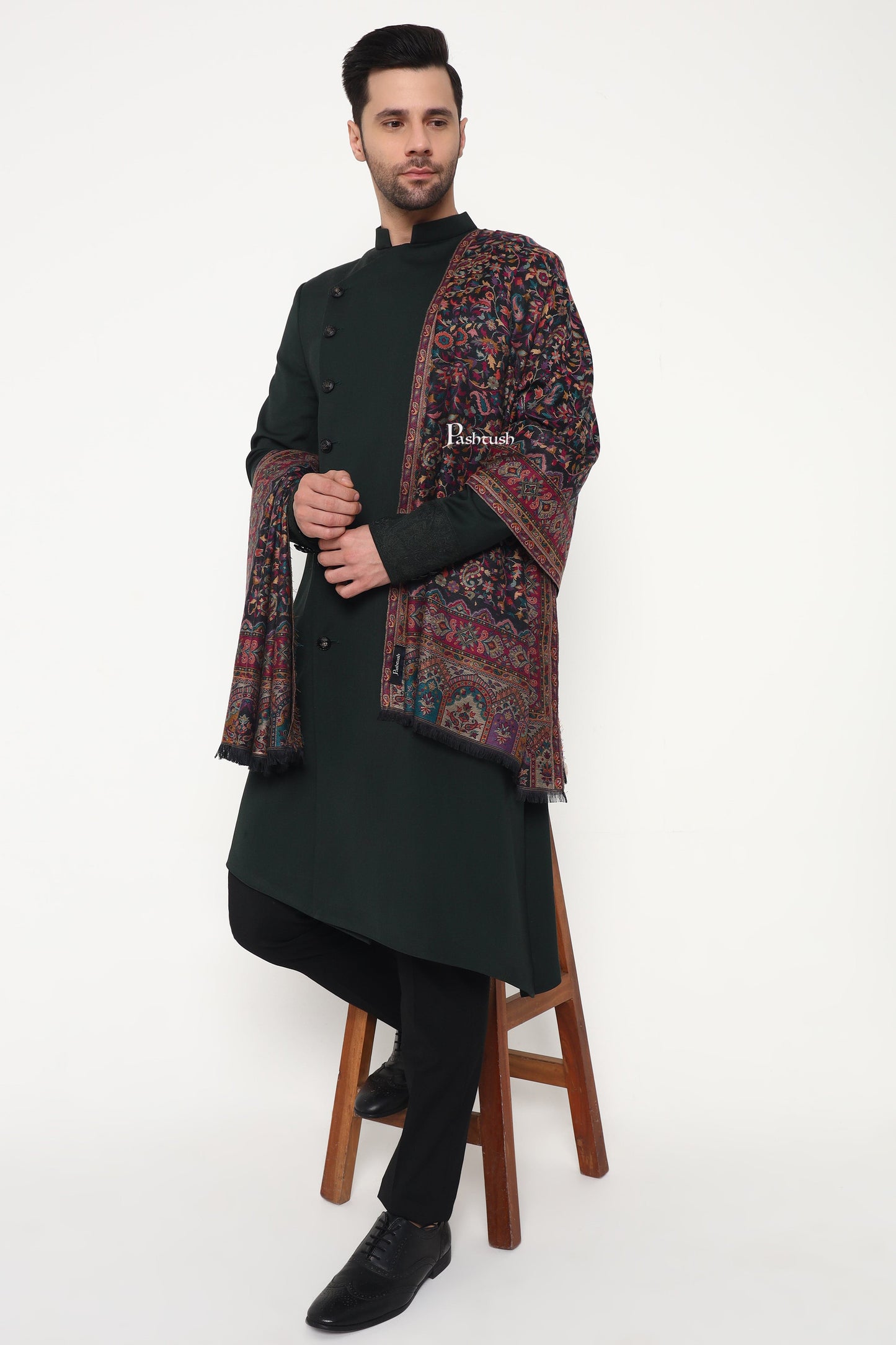 Pashtush India Mens Scarves Stoles and Mufflers Pashtush Mens Ethnic Weave Stole, Woven Design, Black