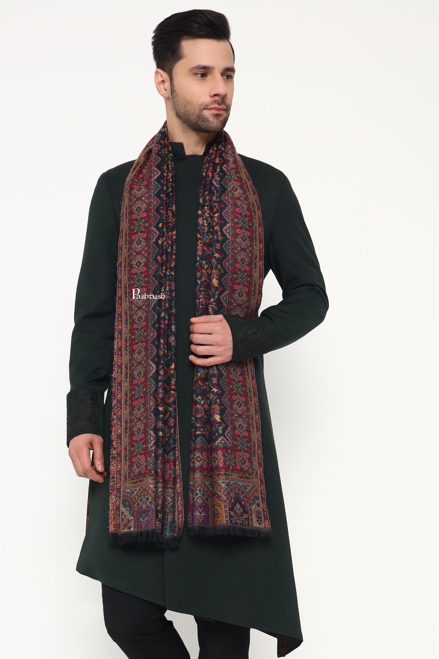 Pashtush India Mens Scarves Stoles and Mufflers Pashtush Mens Ethnic Weave Stole, Woven Design, Black