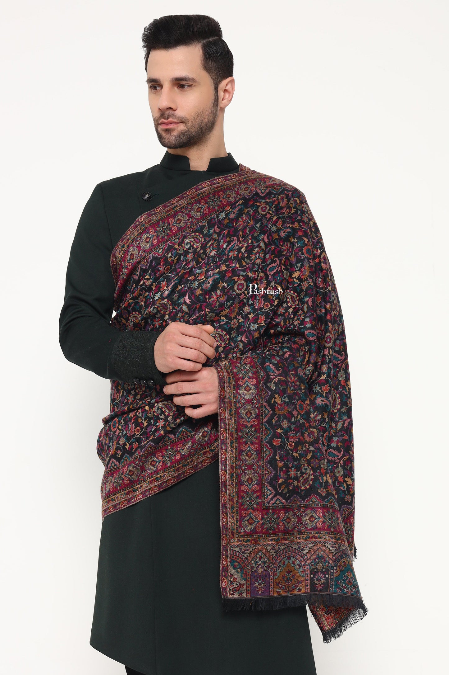 Pashtush India Mens Scarves Stoles and Mufflers Pashtush Mens Ethnic Weave Stole, Woven Design, Black