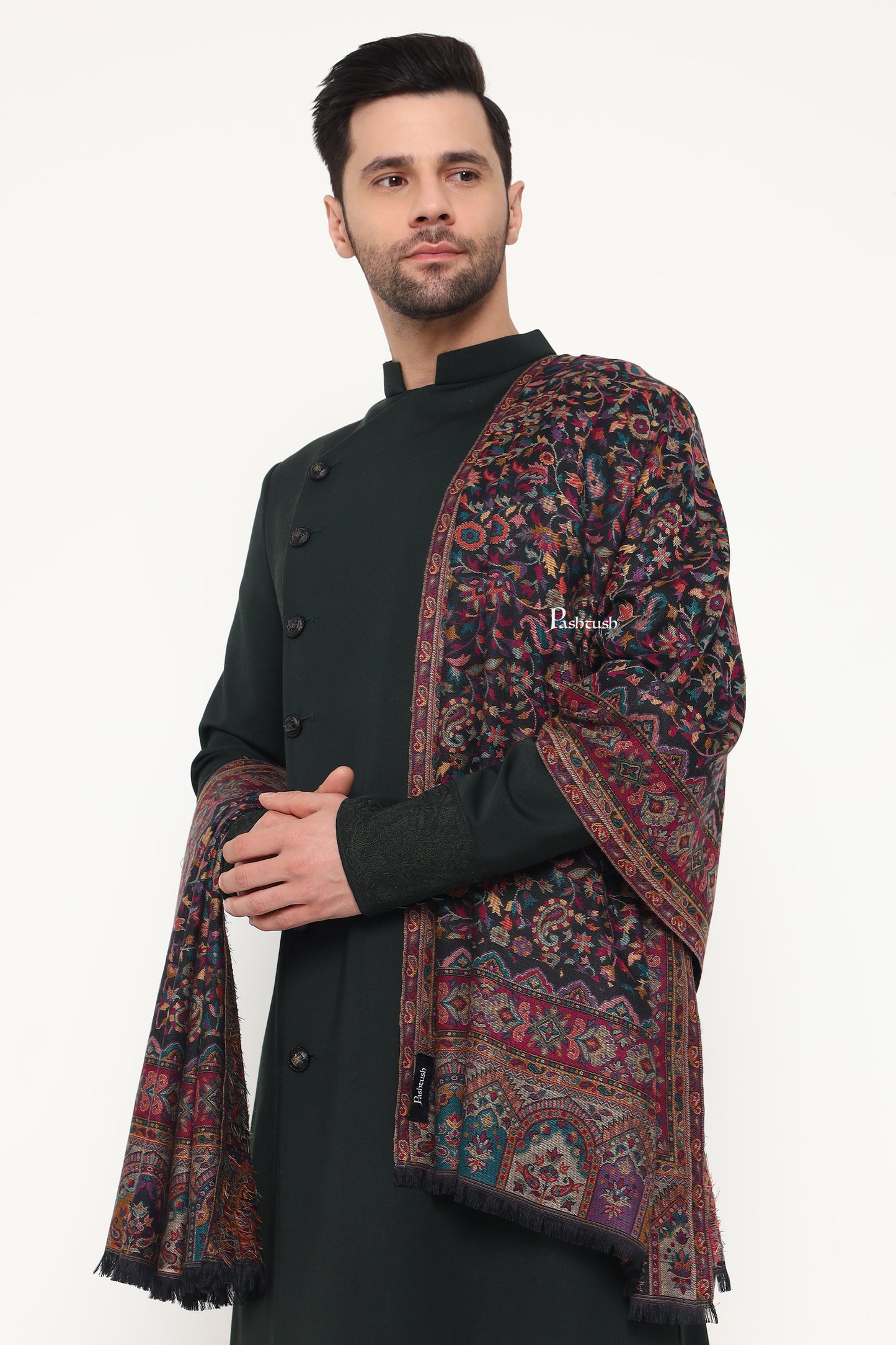 Pashtush India Mens Scarves Stoles and Mufflers Pashtush Mens Ethnic Weave Stole, Woven Design, Black